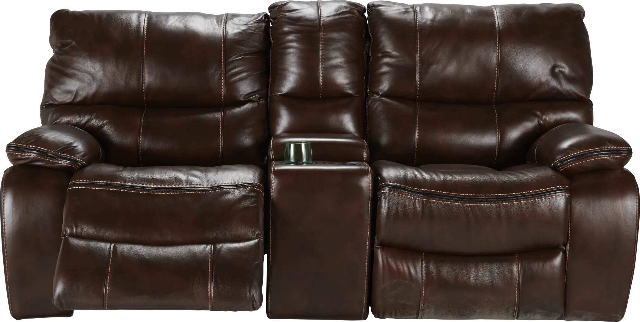 Cindy Crawford Home Gianna Brown Leather Reclining Glider Console Loveseat - Thumbnail - Image 1