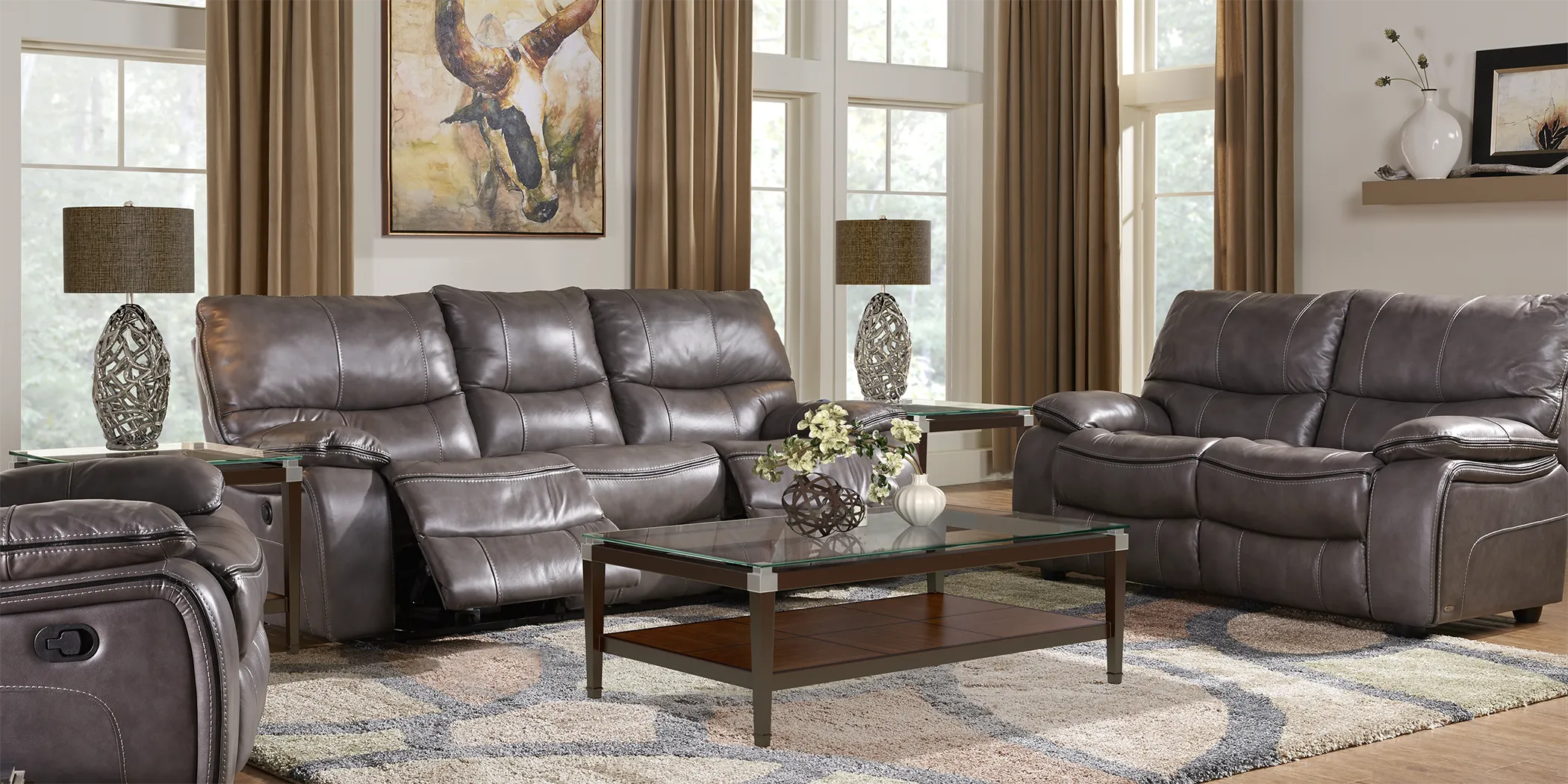 Cindy Crawford Home Gianna Gray Leather 5 Pc Living Room with Reclining Sofa - Thumbnail - Image 1