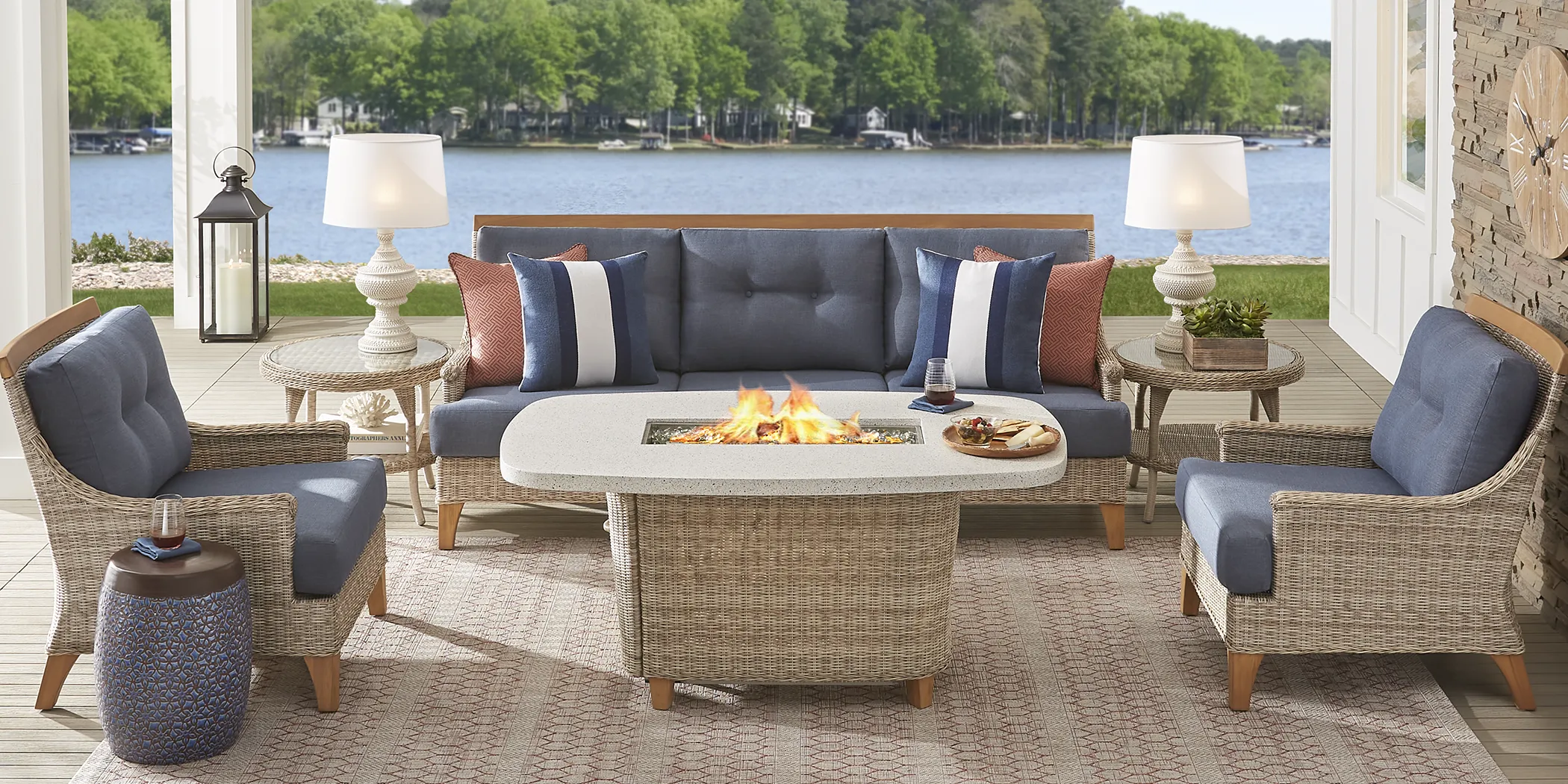 Cindy Crawford Home Hamptons Cove Gray 4 Pc Fire Pit Set with Denim Cushions - Thumbnail - Image 1