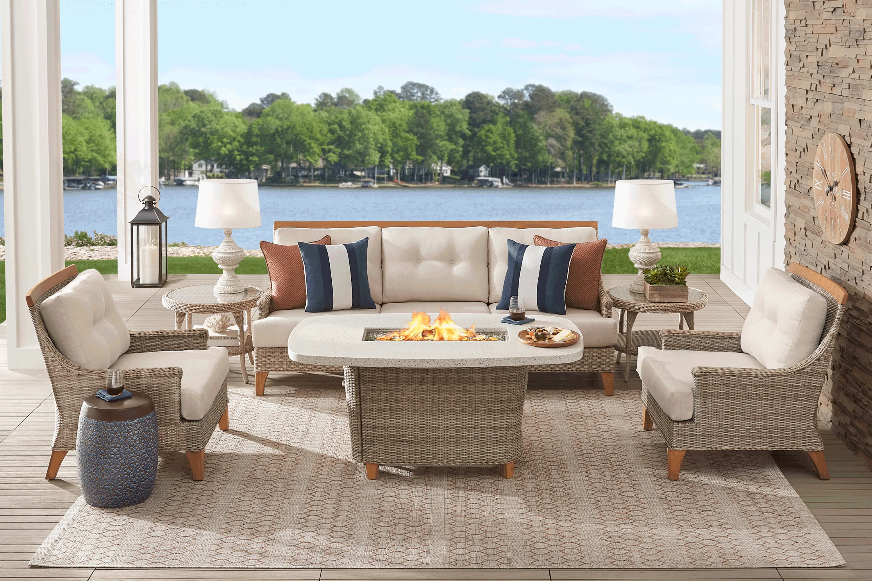 Cindy Crawford Home Hamptons Cove Gray 4 Pc Fire Pit Set with Flax Cushions - Thumbnail - Image 1