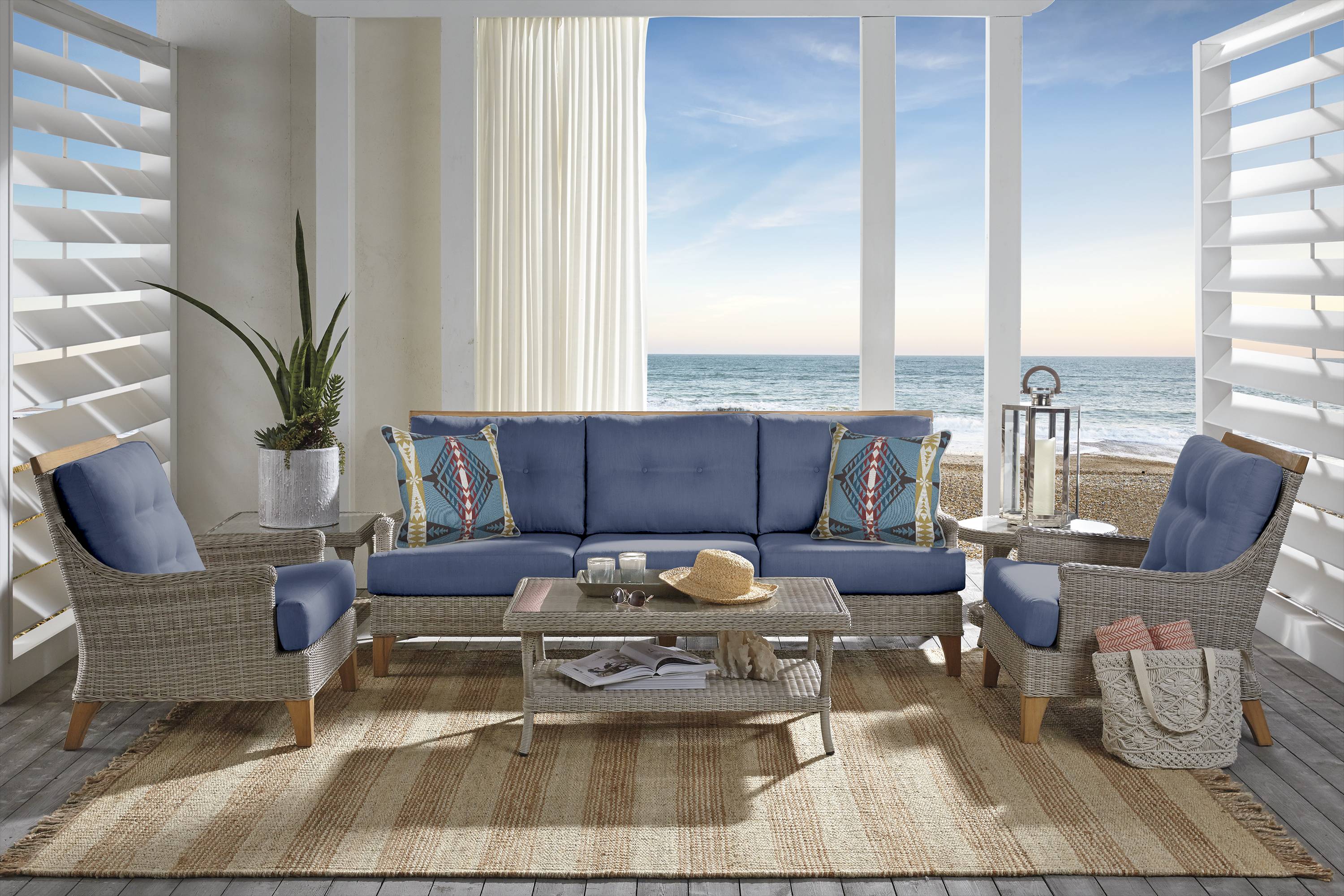 Hamptons Cove Gray Outdoor Chair with Denim Cushions - Thumbnail - Image 2