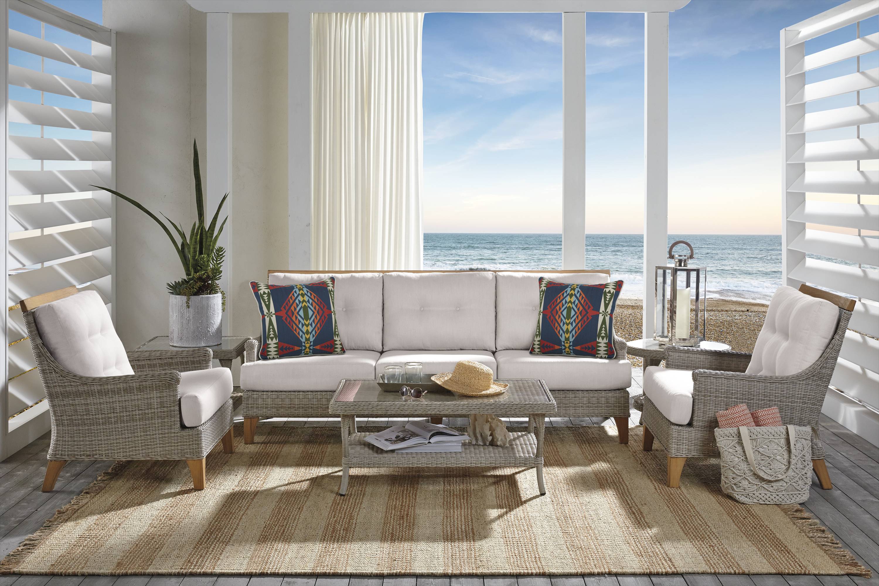 Cindy Crawford Home Hamptons Cove Gray Outdoor Sofa with Rollo Linen Cushions - Thumbnail - Image 2