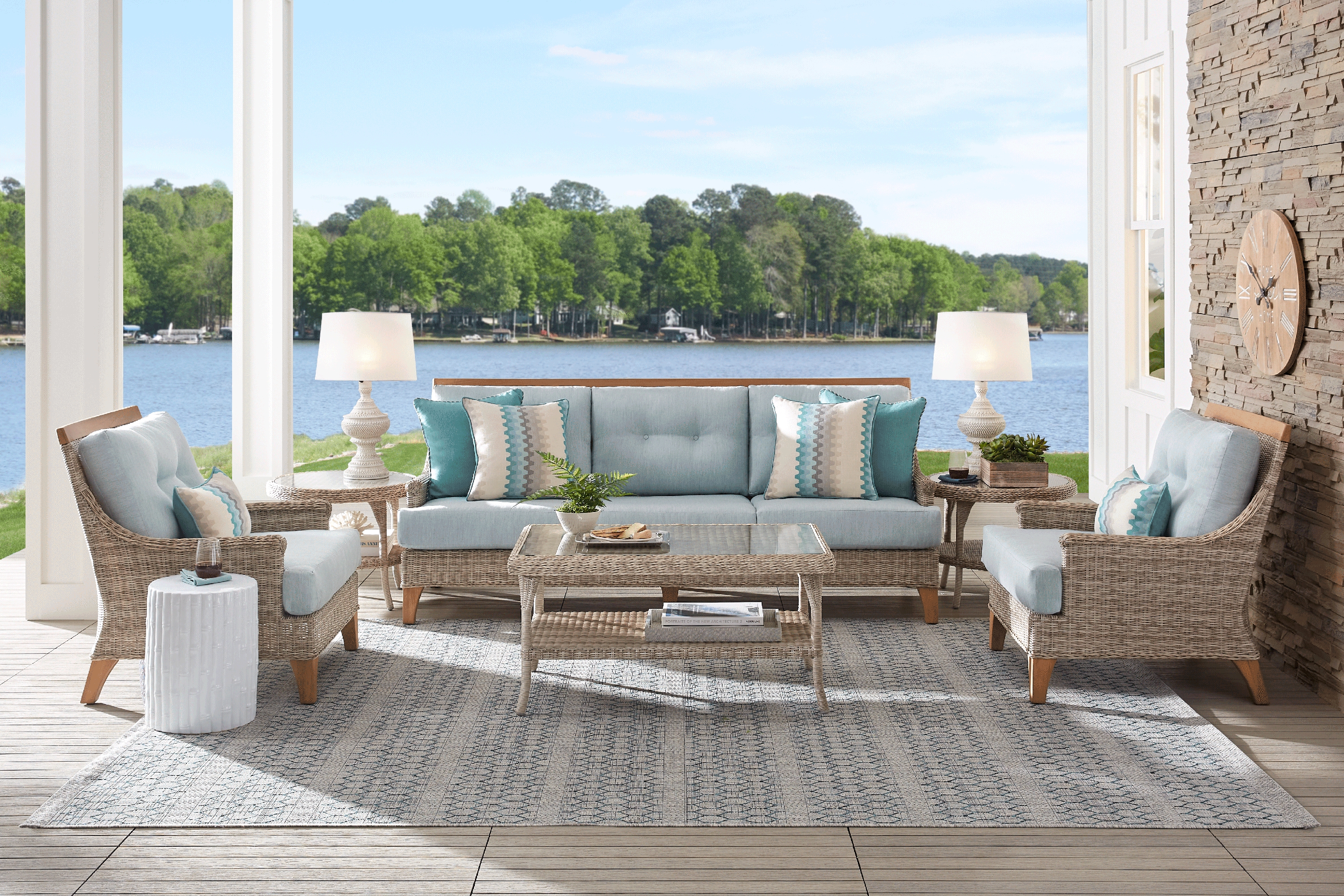 Hamptons Cove Gray 4 Pc Outdoor Seating Set with Seafoam Cushions - Thumbnail - Image 1