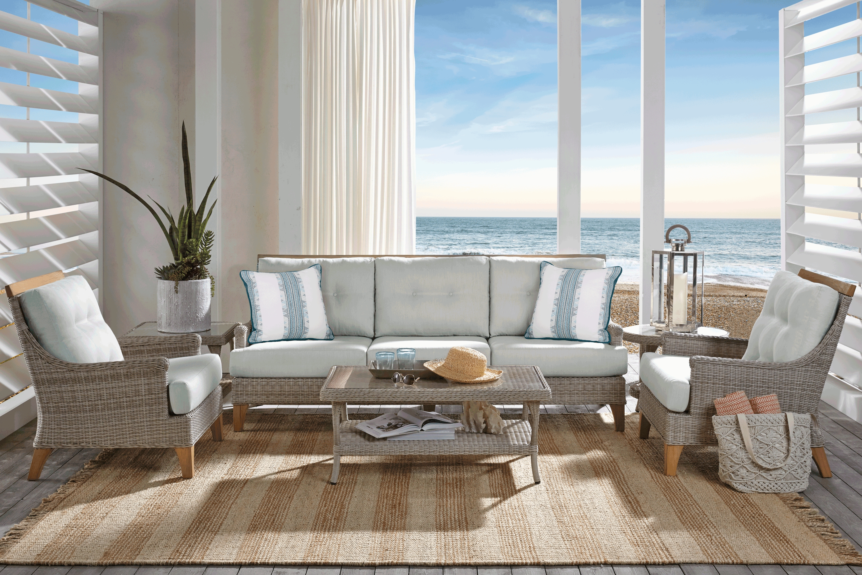 Hamptons Cove Gray 4 Pc Outdoor Seating Set with Mist Cushions - Thumbnail - Image 1