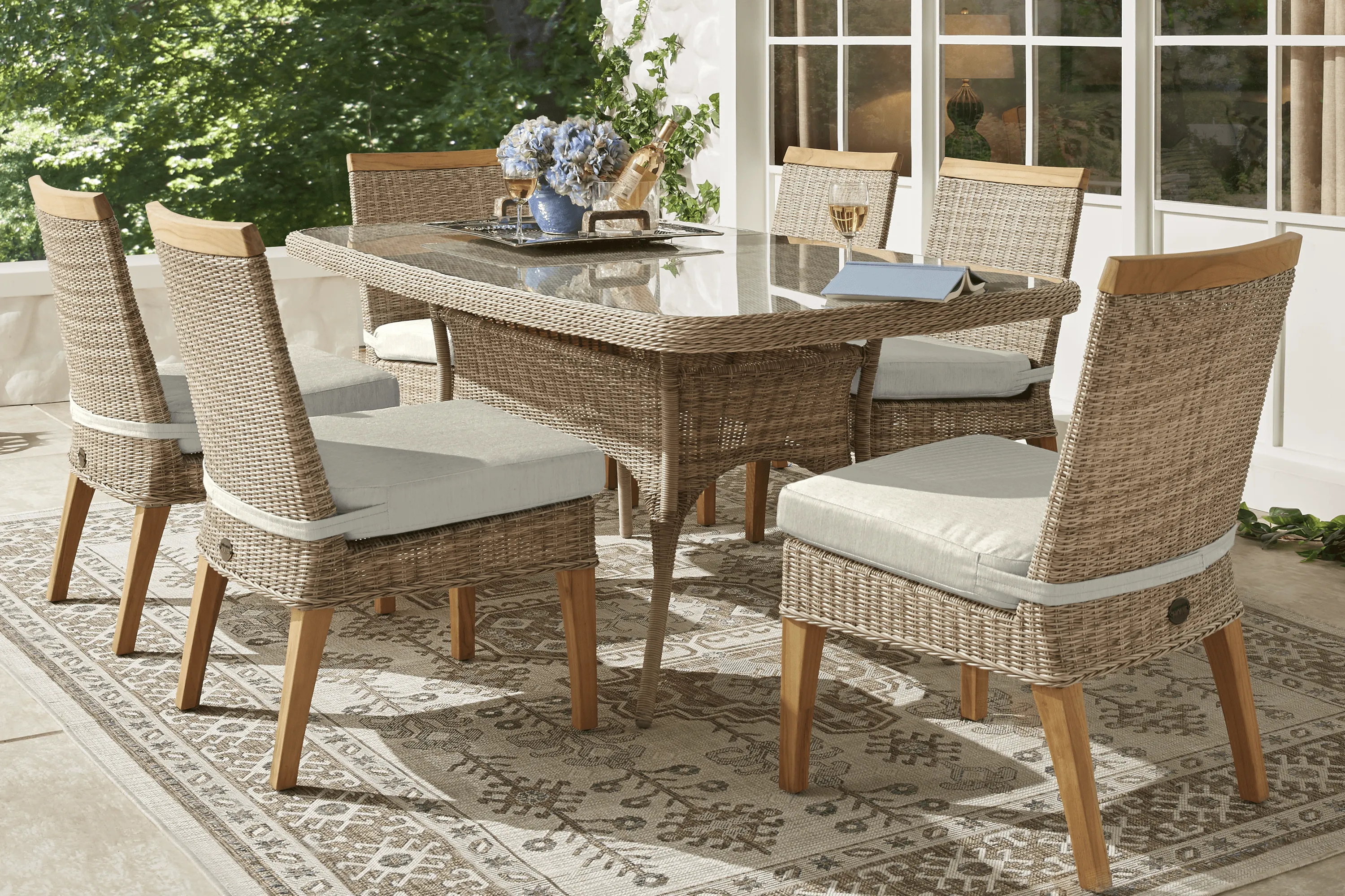 Cindy Crawford Home Hamptons Cove Gray 5 Pc Rectangle Outdoor Dining Set with Rollo Seafoam Cushions - Thumbnail - Image 1