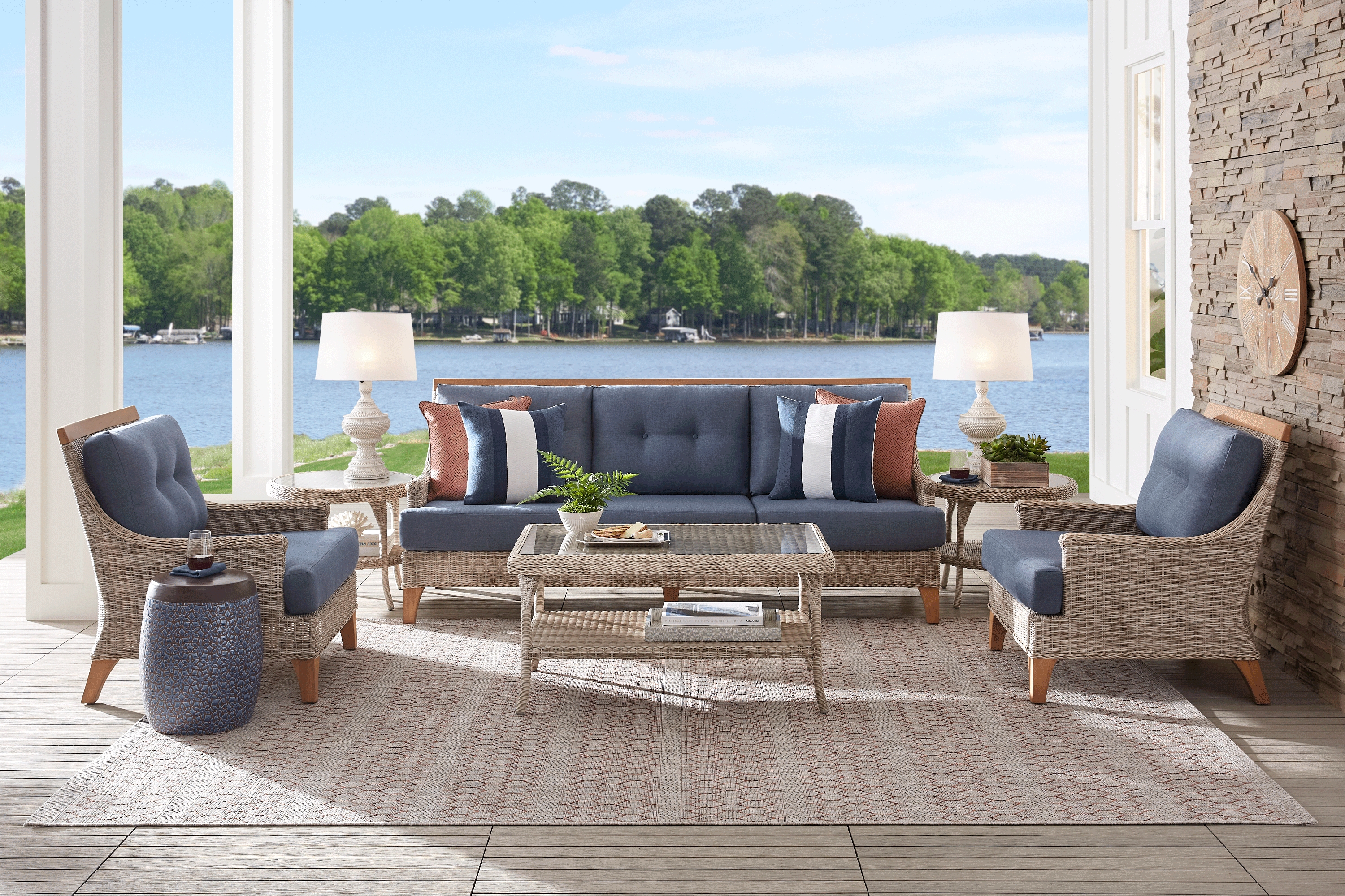 Cindy Crawford Home Hamptons Cove Gray 6 Pc Outdoor Seating Set with Denim Cushions - Thumbnail - Image 1