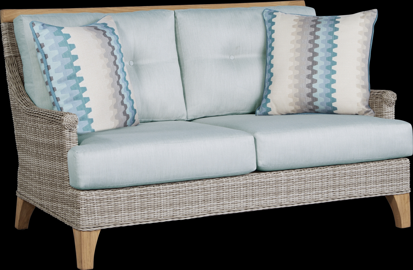Hamptons Cove Gray Outdoor Loveseat with Seafoam Cushions - Thumbnail - Image 1