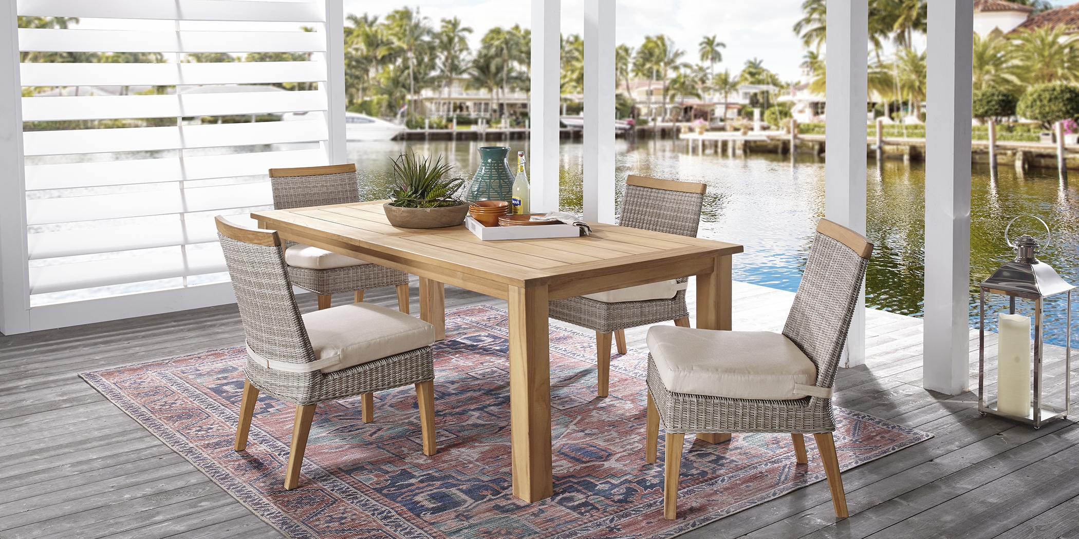 Cindy Crawford Home Hamptons Cove Teak 5 Pc Rectangle Outdoor Dining Set with Flax Cushions - Thumbnail - Image 1