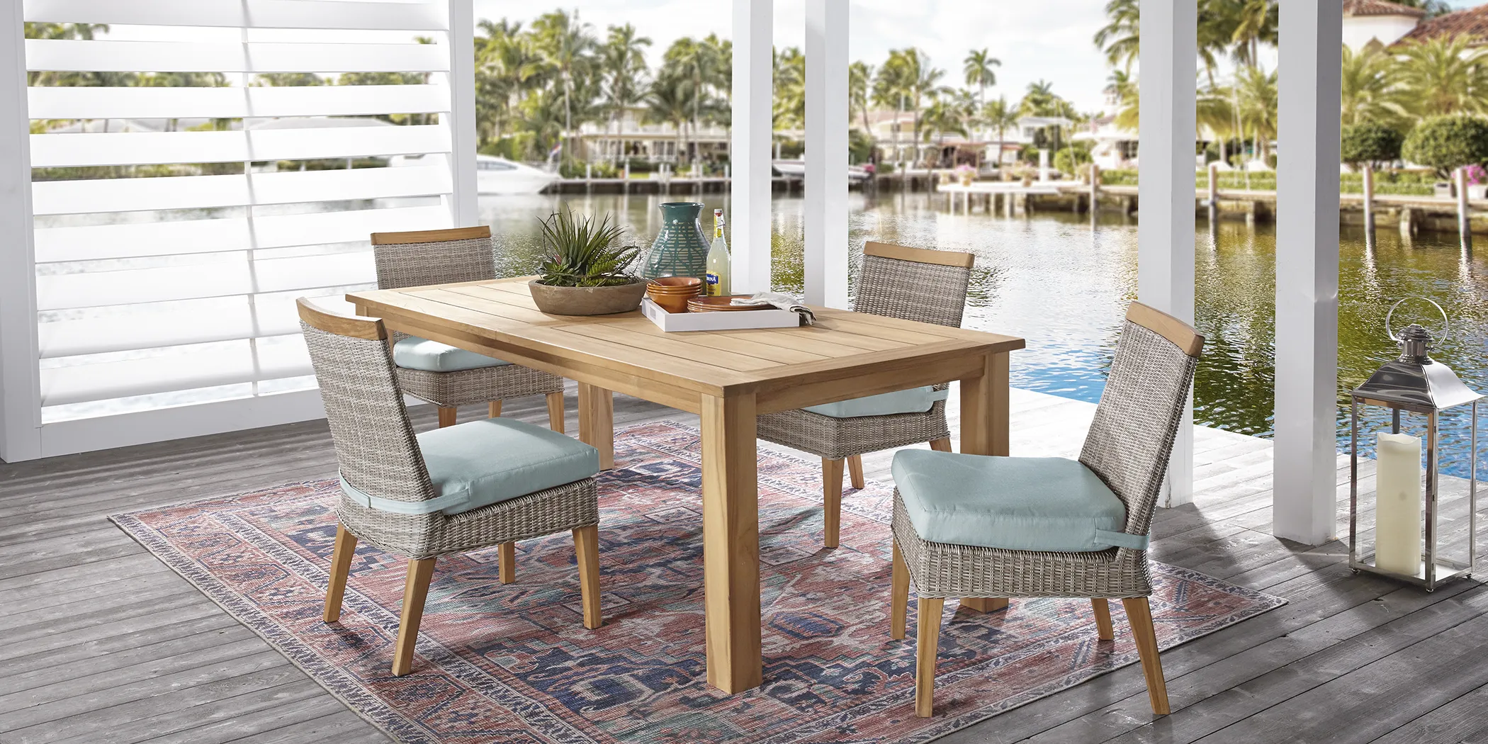 Cindy Crawford Home Hamptons Cove Teak 5 Pc Rectangle Outdoor Dining Set with Mist Cushions - Thumbnail - Image 1