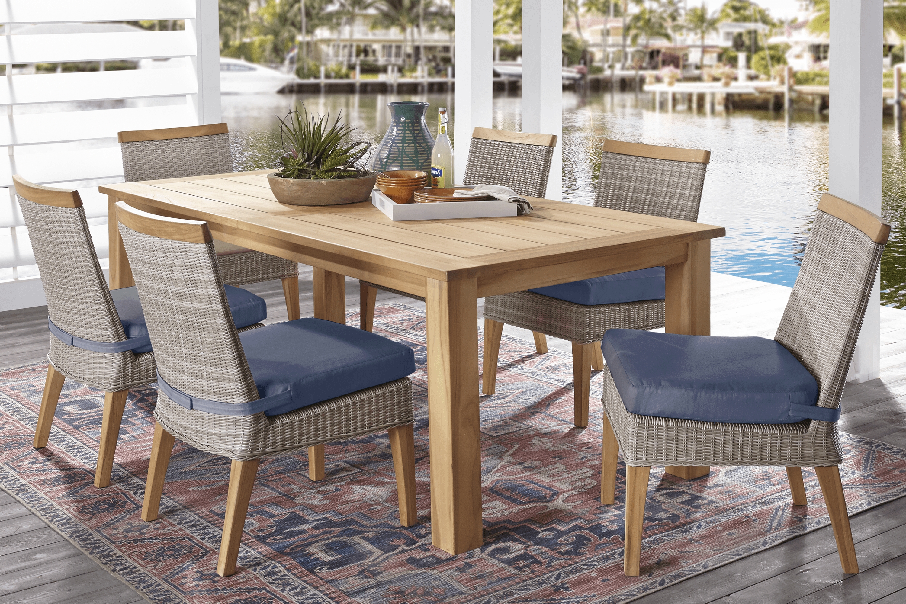 Cindy Crawford Home Hamptons Cove Teak 7 Pc Rectangle Outdoor Dining Set with Denim Cushions - Thumbnail - Image 1