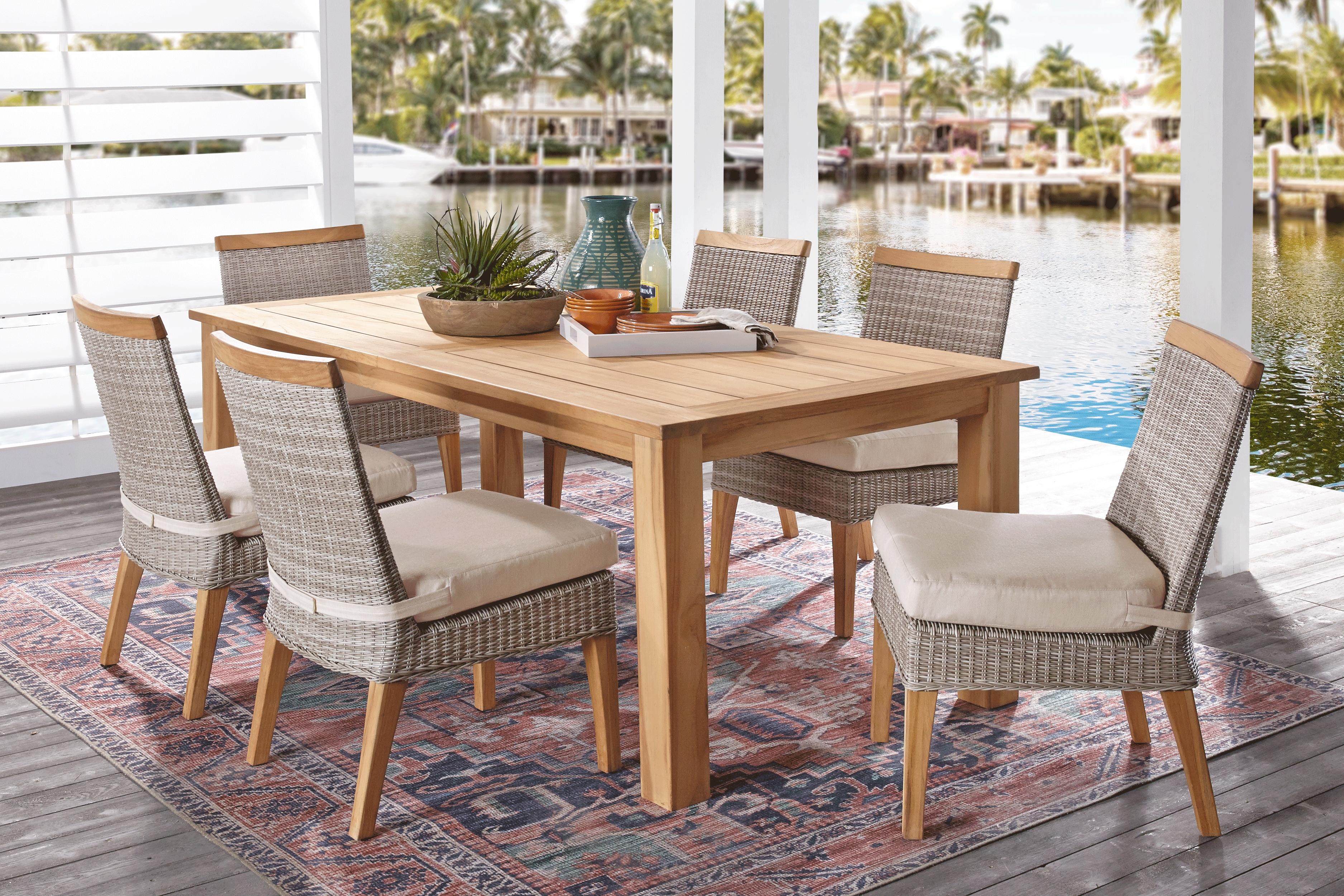 Hamptons Cove Teak 7 Pc Rectangle Outdoor Dining Set with Flax Cushions - Thumbnail - Image 1