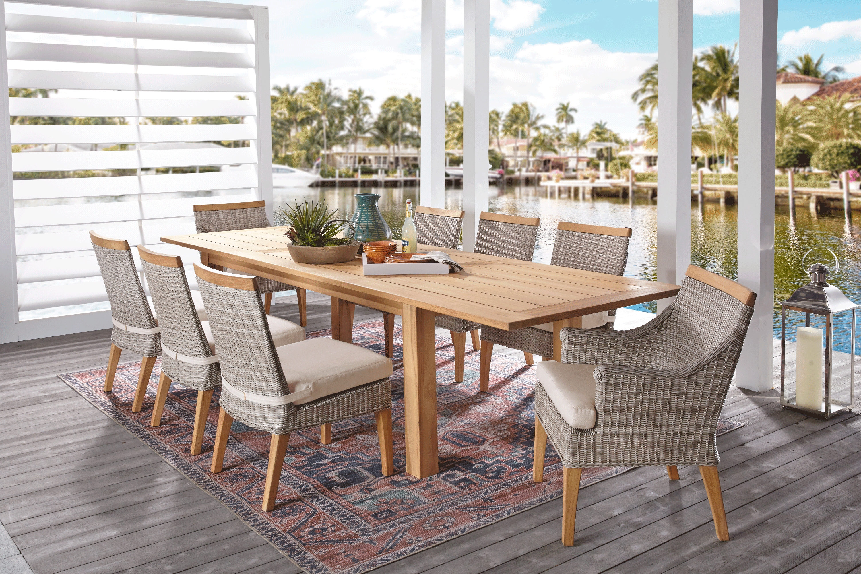 Hamptons Cove Teak 9 Pc Rectangle Outdoor Dining Set with Flax Cushions - Thumbnail - Image 1