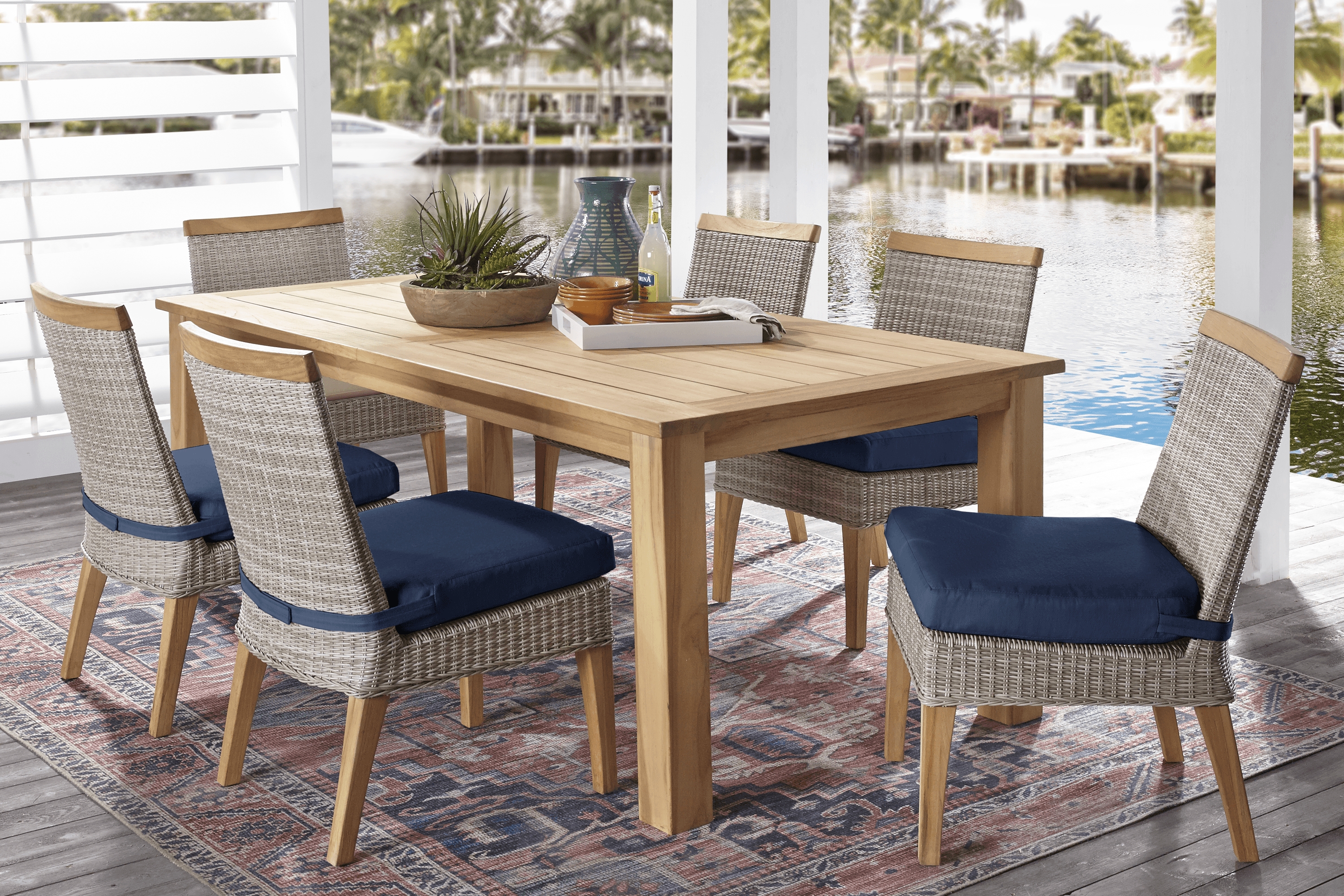 Cindy Crawford Home Hamptons Cove Teak 9 Pc Rectangle Outdoor Dining Set with Ink Cushions - Thumbnail - Image 1