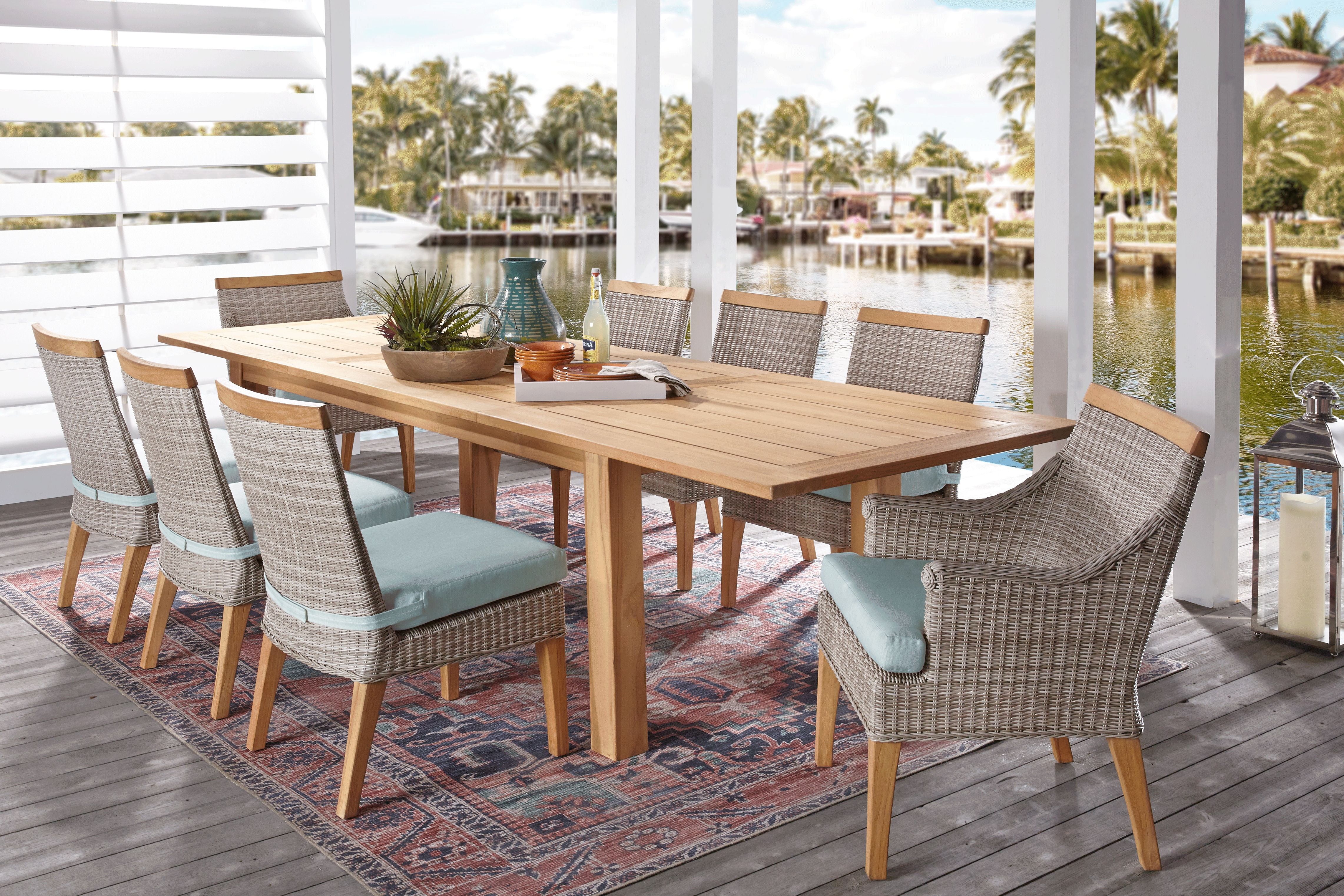 Hamptons Cove Teak 9 Pc Rectangle Outdoor Dining Set with Mist Cushions - Thumbnail - Image 1