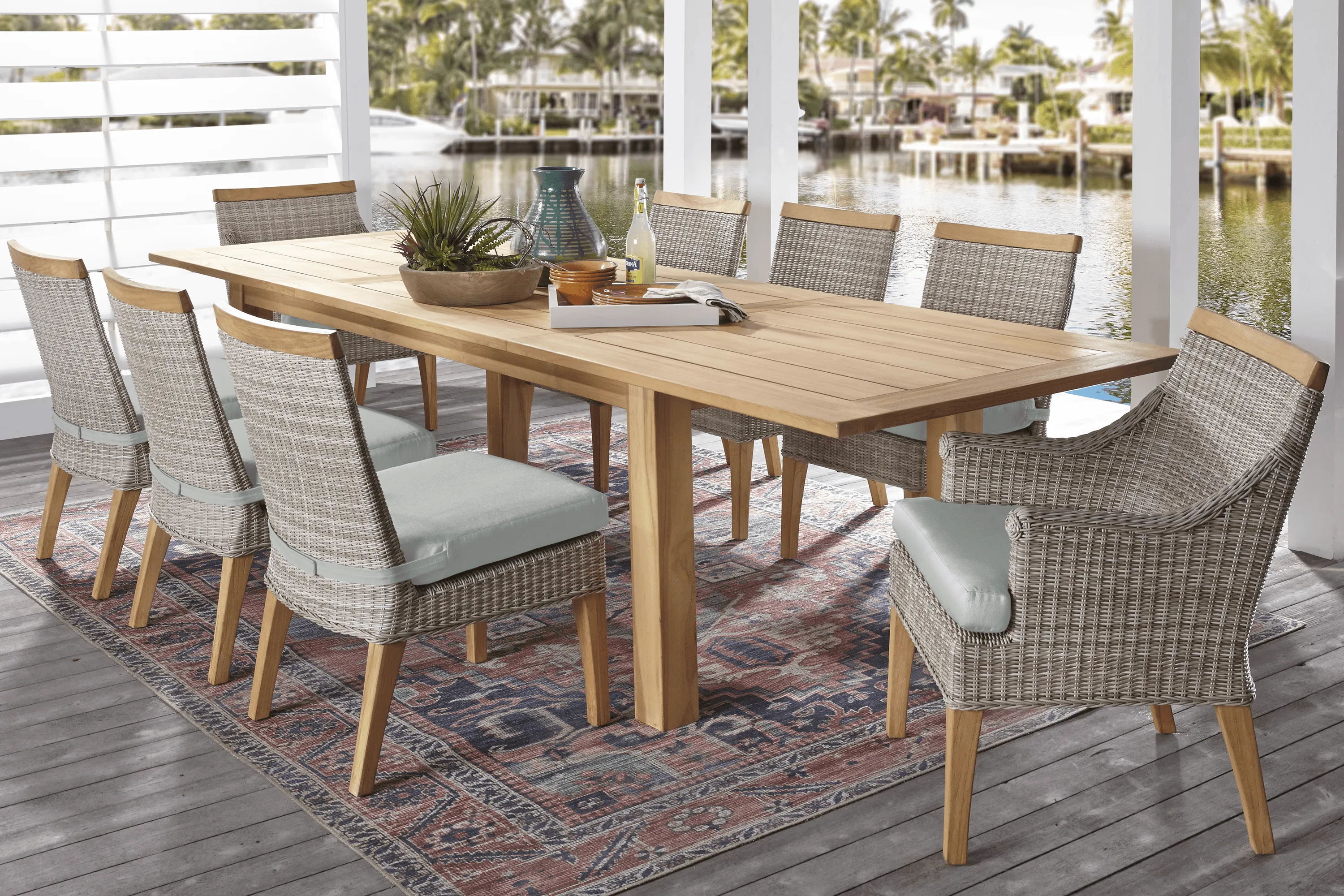 Cindy Crawford Home Hamptons Cove Teak 9 Pc Rectangle Outdoor Dining Set with Rollo Seafoam Cushions - Thumbnail - Image 1