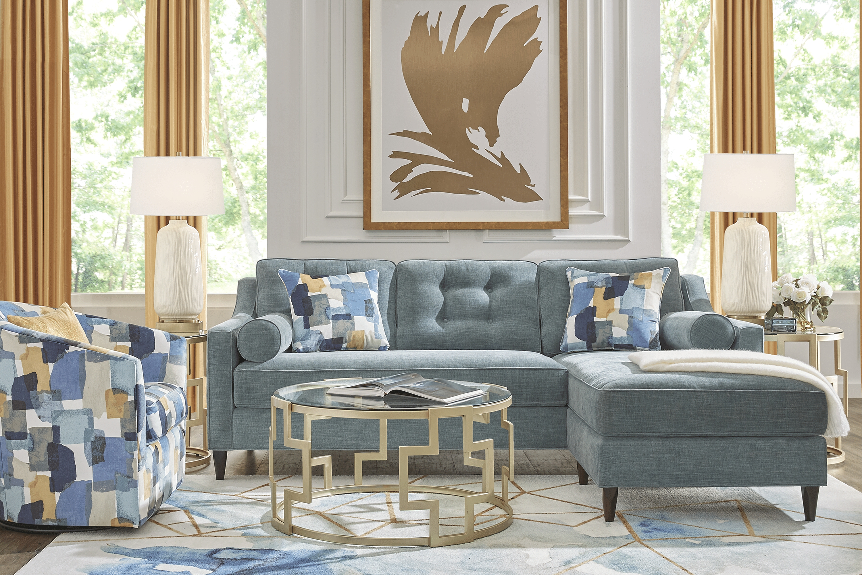 Hanover Teal Chenille Chaise Sofa - Thumbnail - Image 2