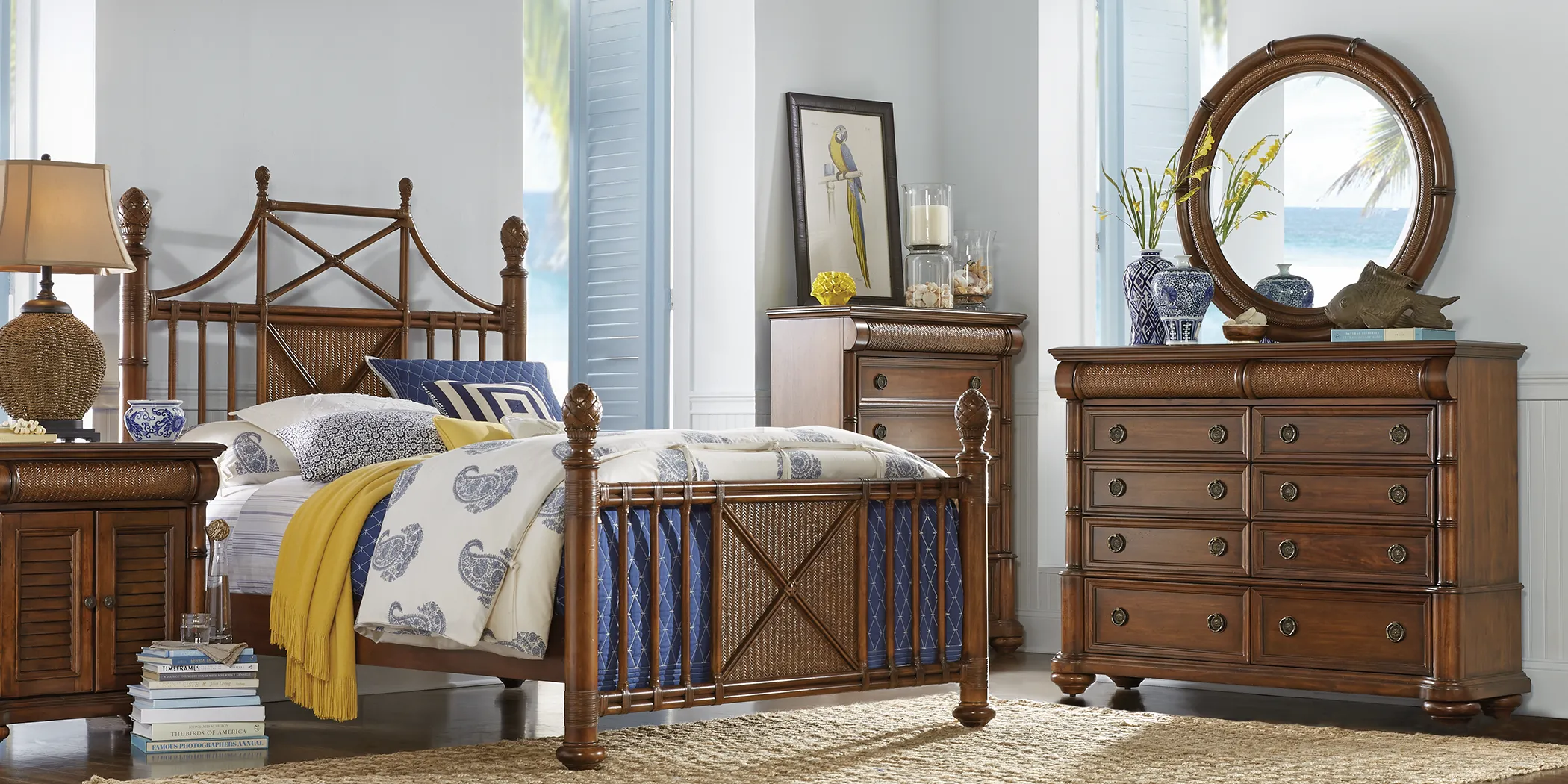 cindy crawford key west tobacco furniture Dark Wood 3 Pc Queen Poster Bed Cindy Crawford Home "Key West"