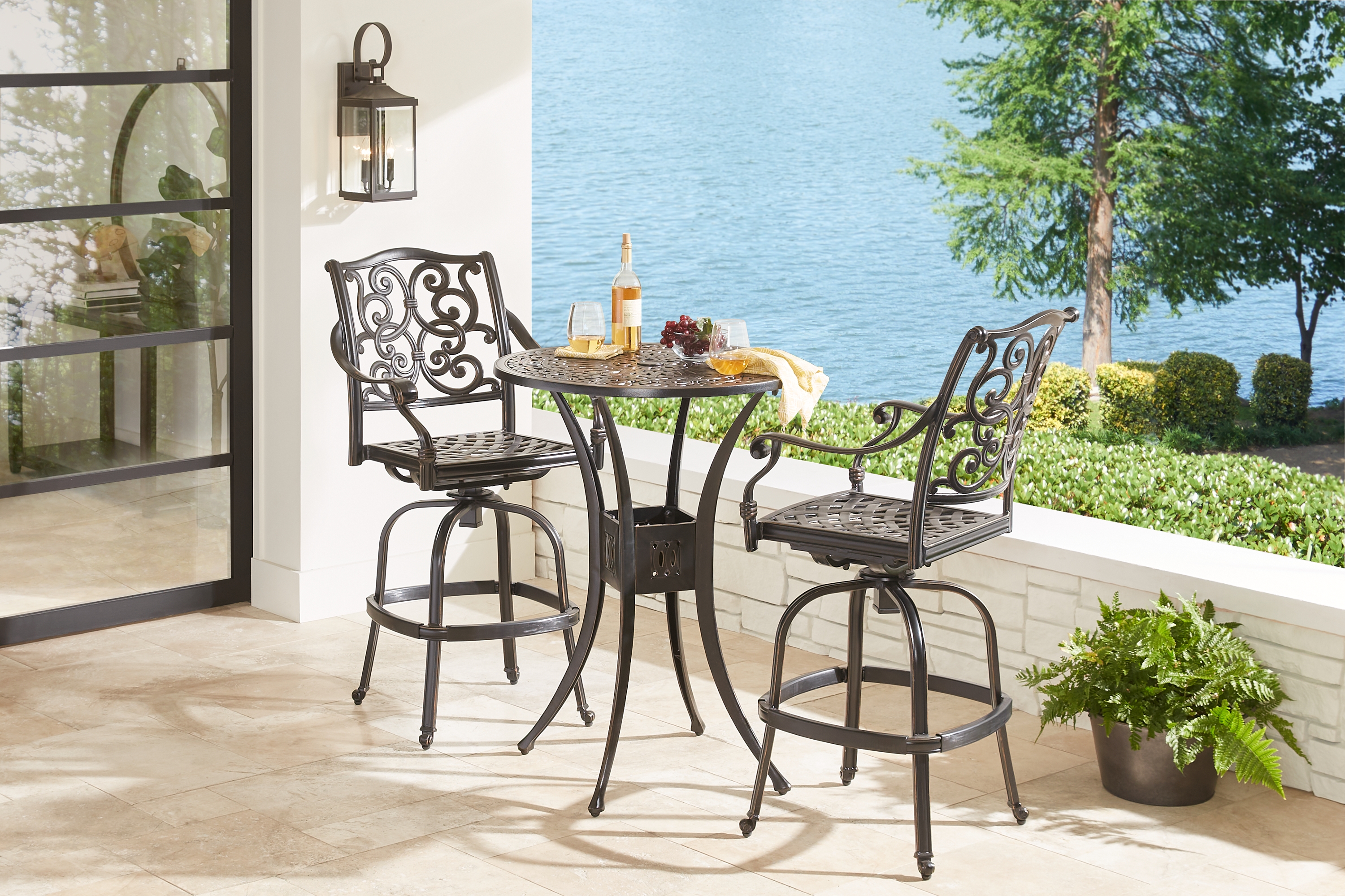 Lake Como Antique Bronze 3 Pc 30 in. Round Outdoor Bar Height Dining Set - Thumbnail - Image 1