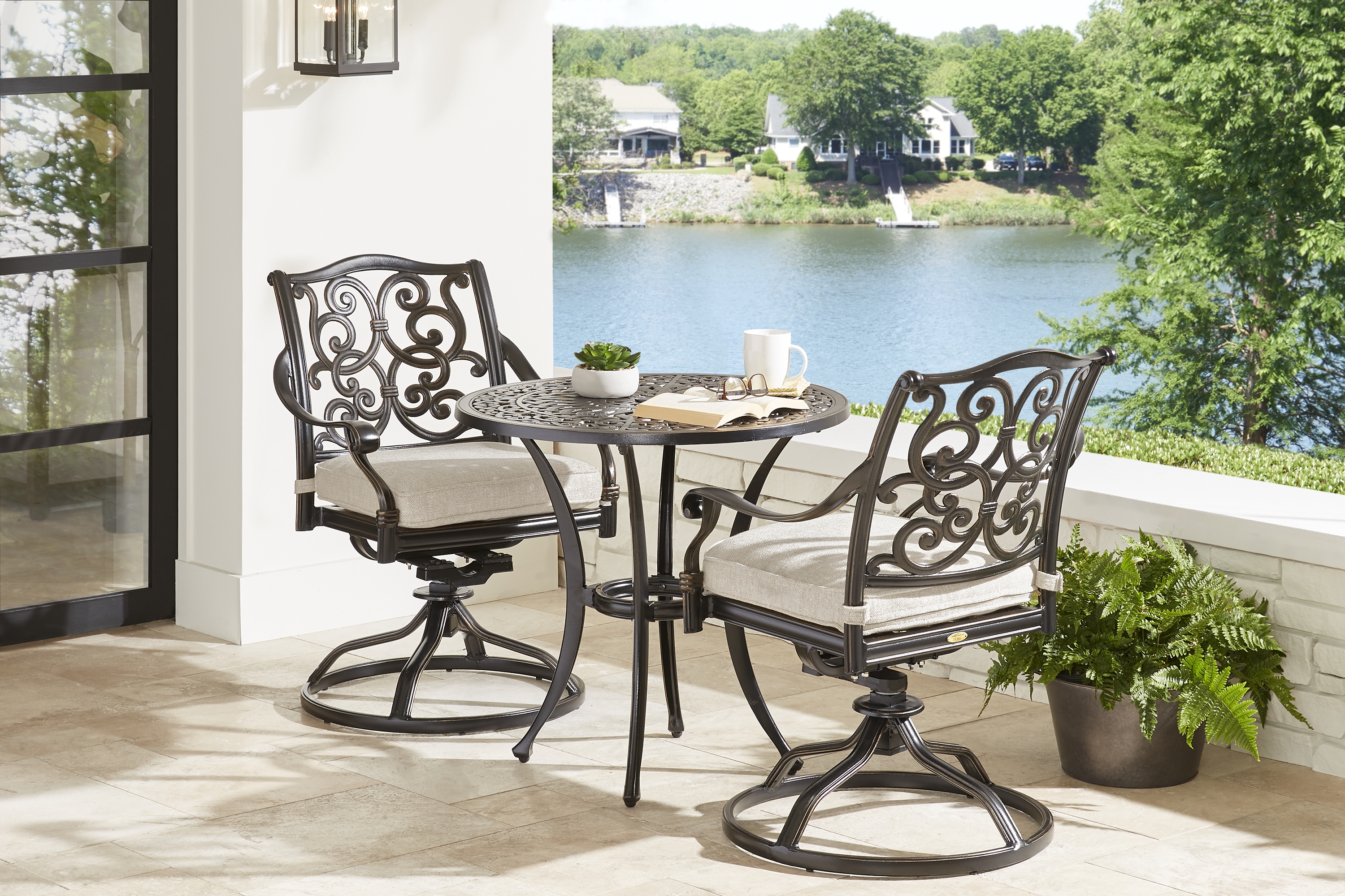 Lake Como Antique Bronze 3 Pc Round Outdoor Dining Set with Silk-Color Cushions - Thumbnail - Image 1