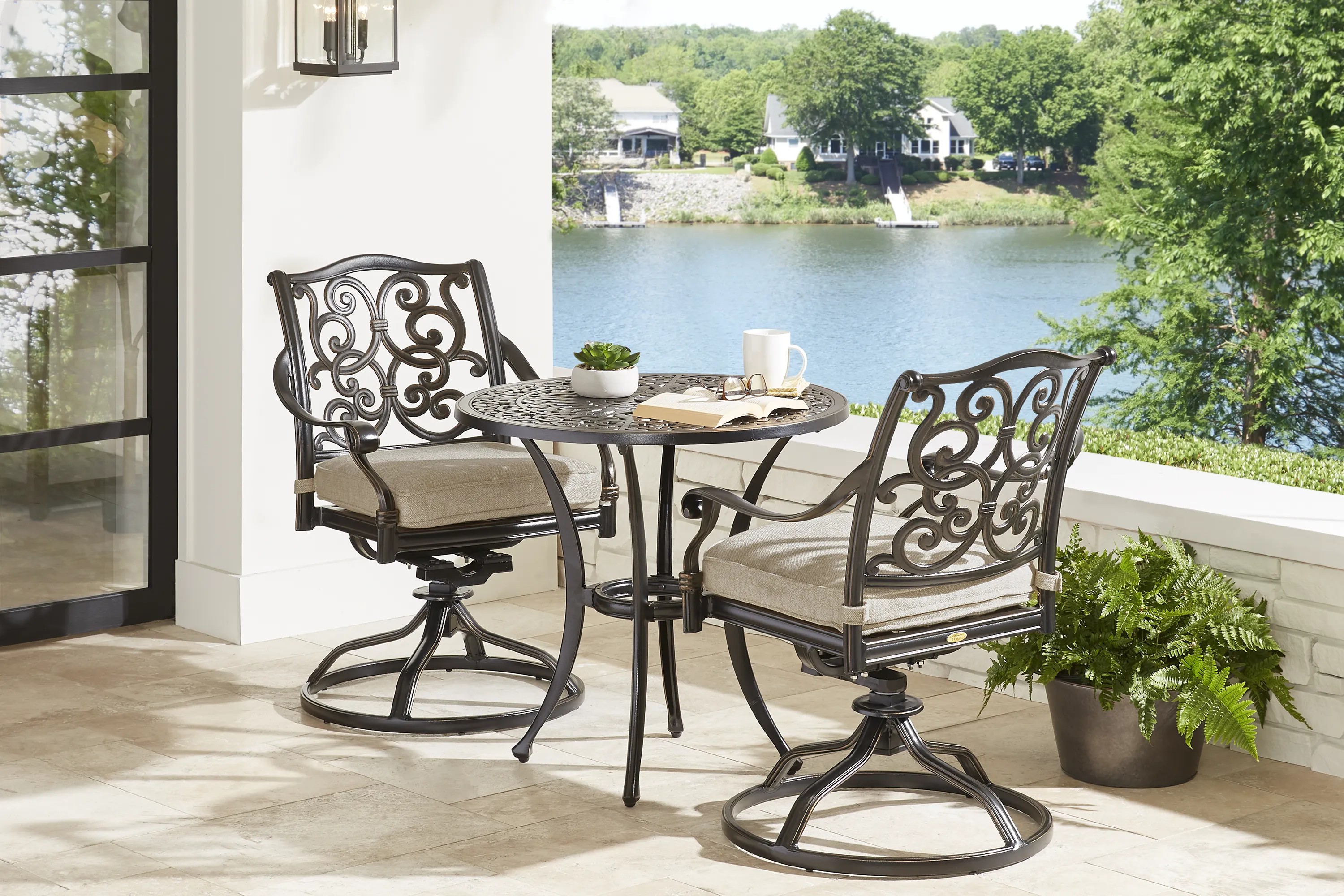 Lake Como Antique Bronze 3 Pc Round Outdoor Dining Set with Malt Cushions - Thumbnail - Image 1