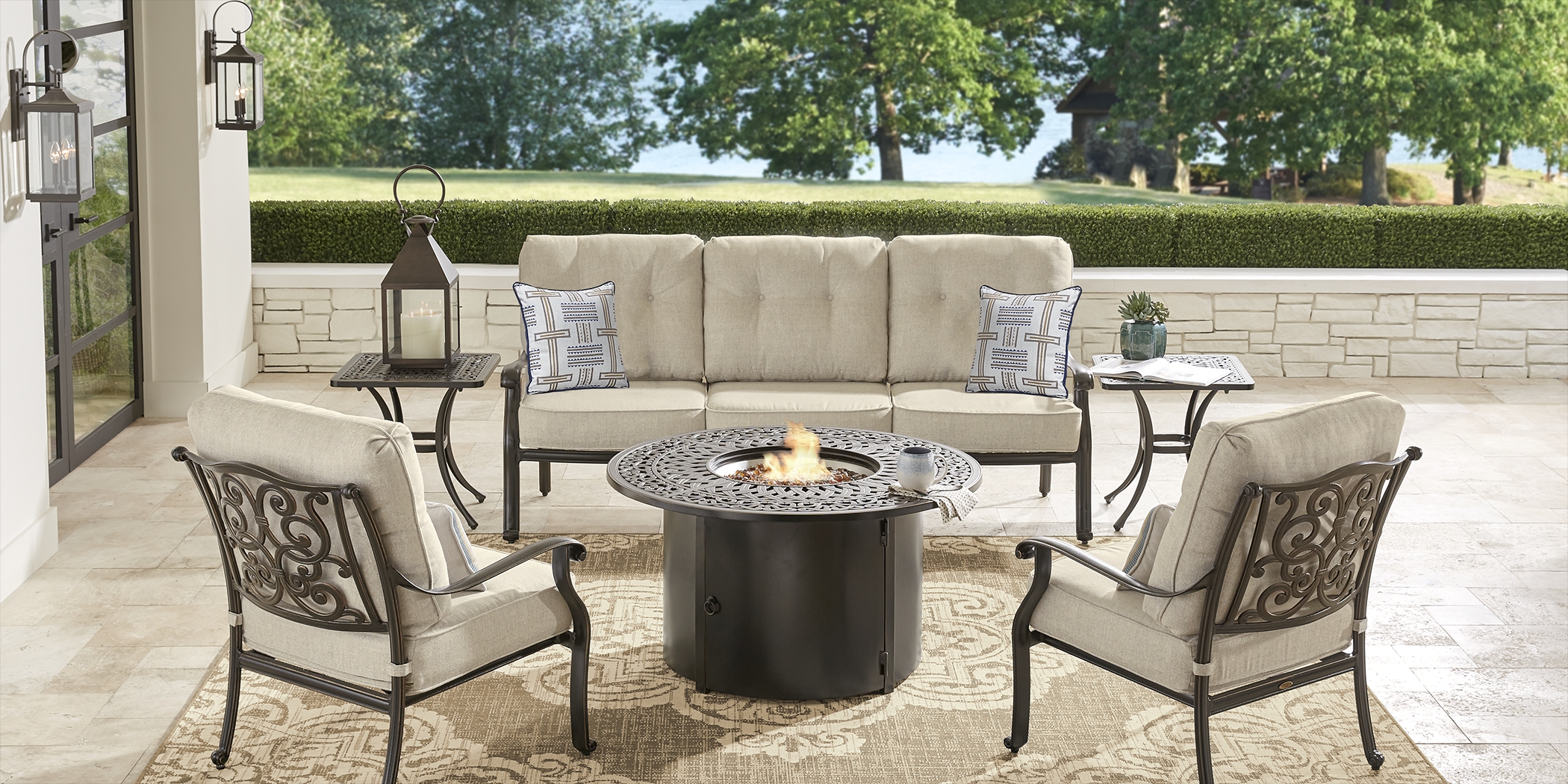 Cindy Crawford Home Lake Como Antique Bronze 4 Pc Outdoor Fire Pit Set with Mushroom Cushions - Thumbnail - Image 1