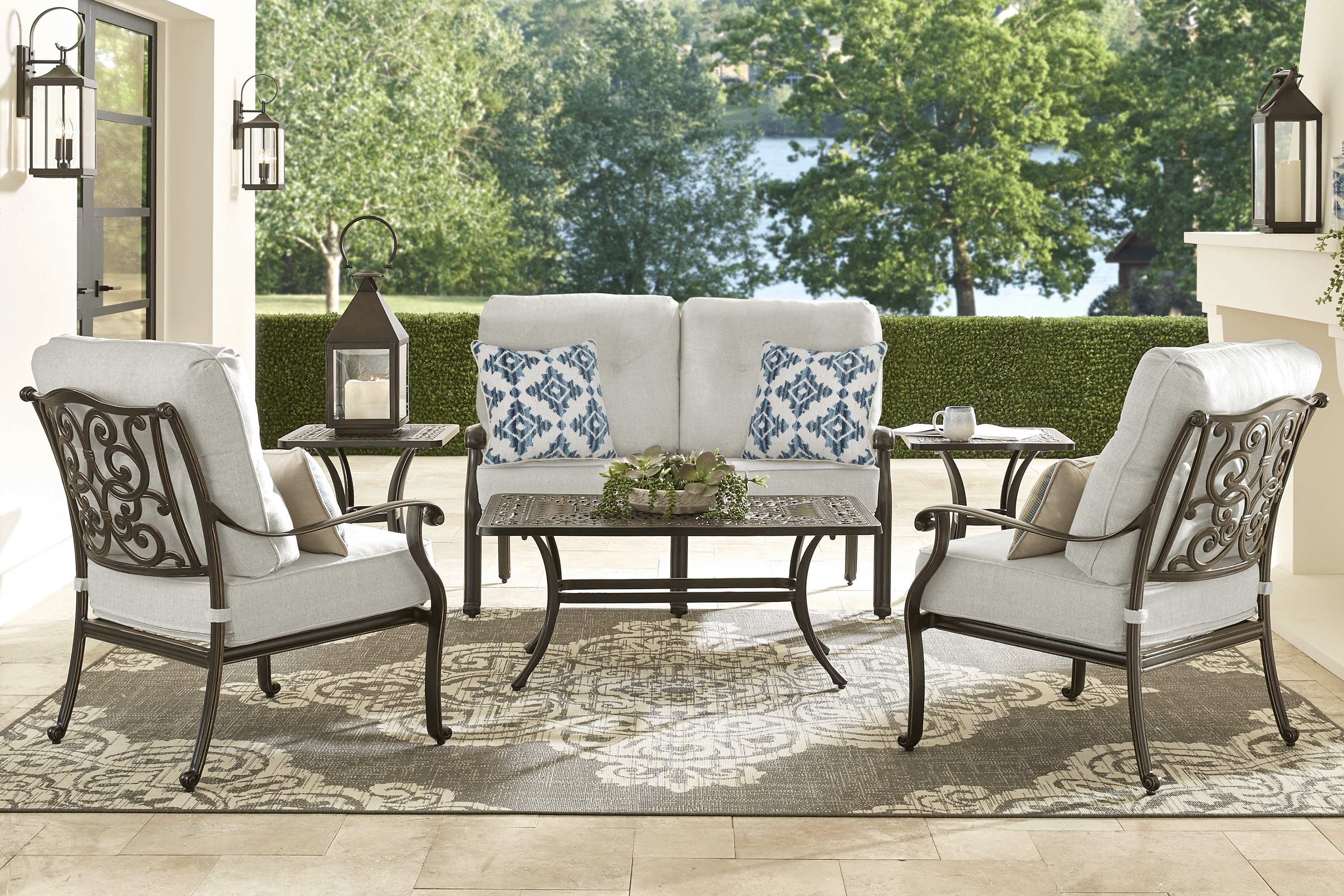 Lake Como Antique Bronze 4 Pc Outdoor Seating Set with Silk-Colored Cushions - Thumbnail - Image 1
