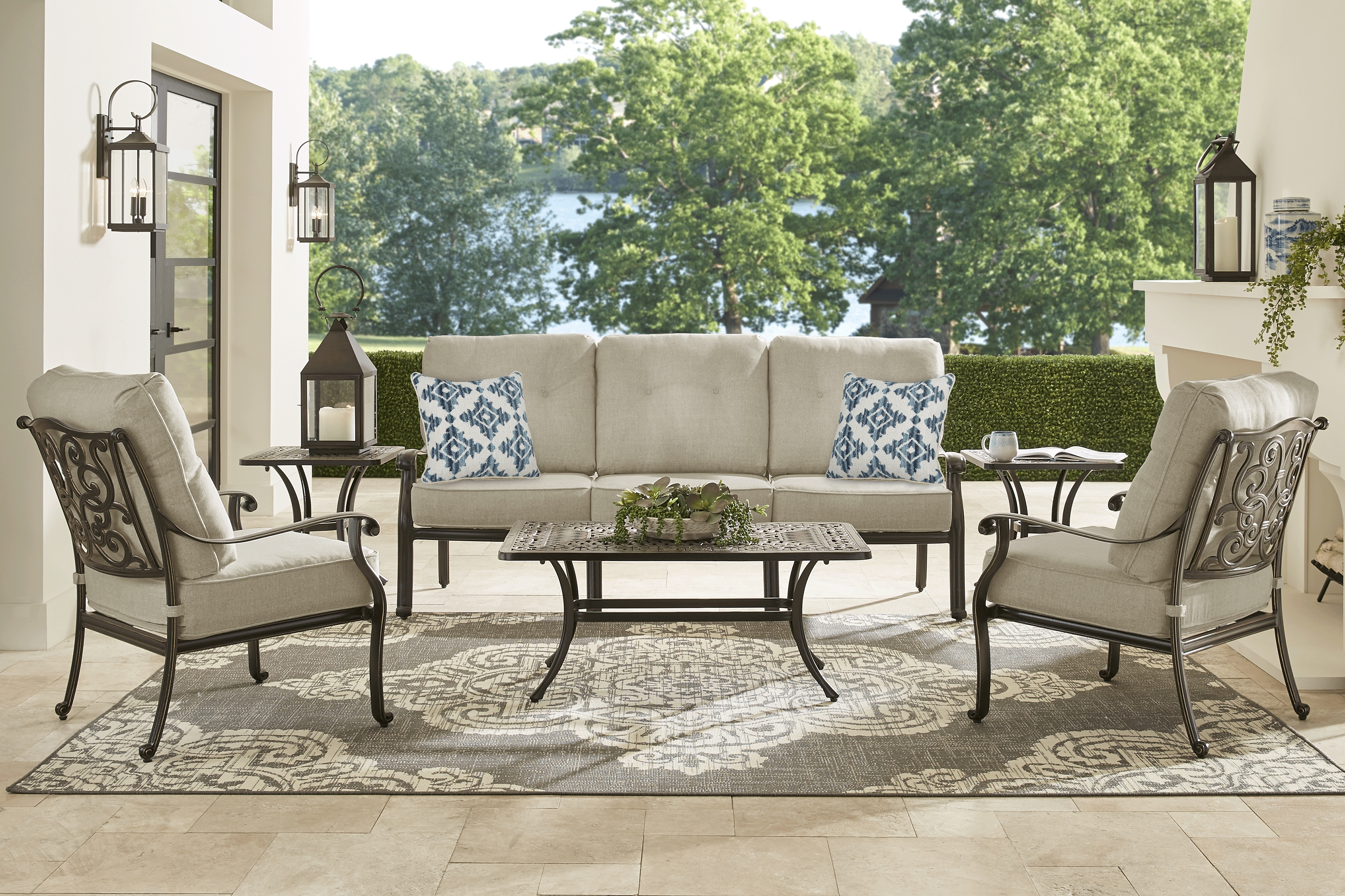 Lake Como Antique Bronze 4 Pc Outdoor Seating Set With Malt Cushions - Thumbnail - Image 1