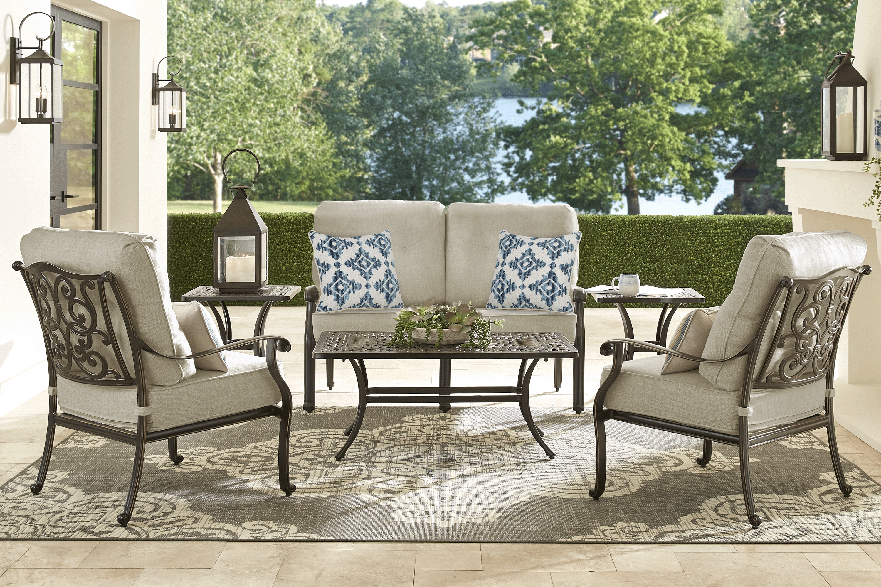 Lake Como Antique Bronze 4 Pc Outdoor Seating Set with Malt Cushions - Thumbnail - Image 1
