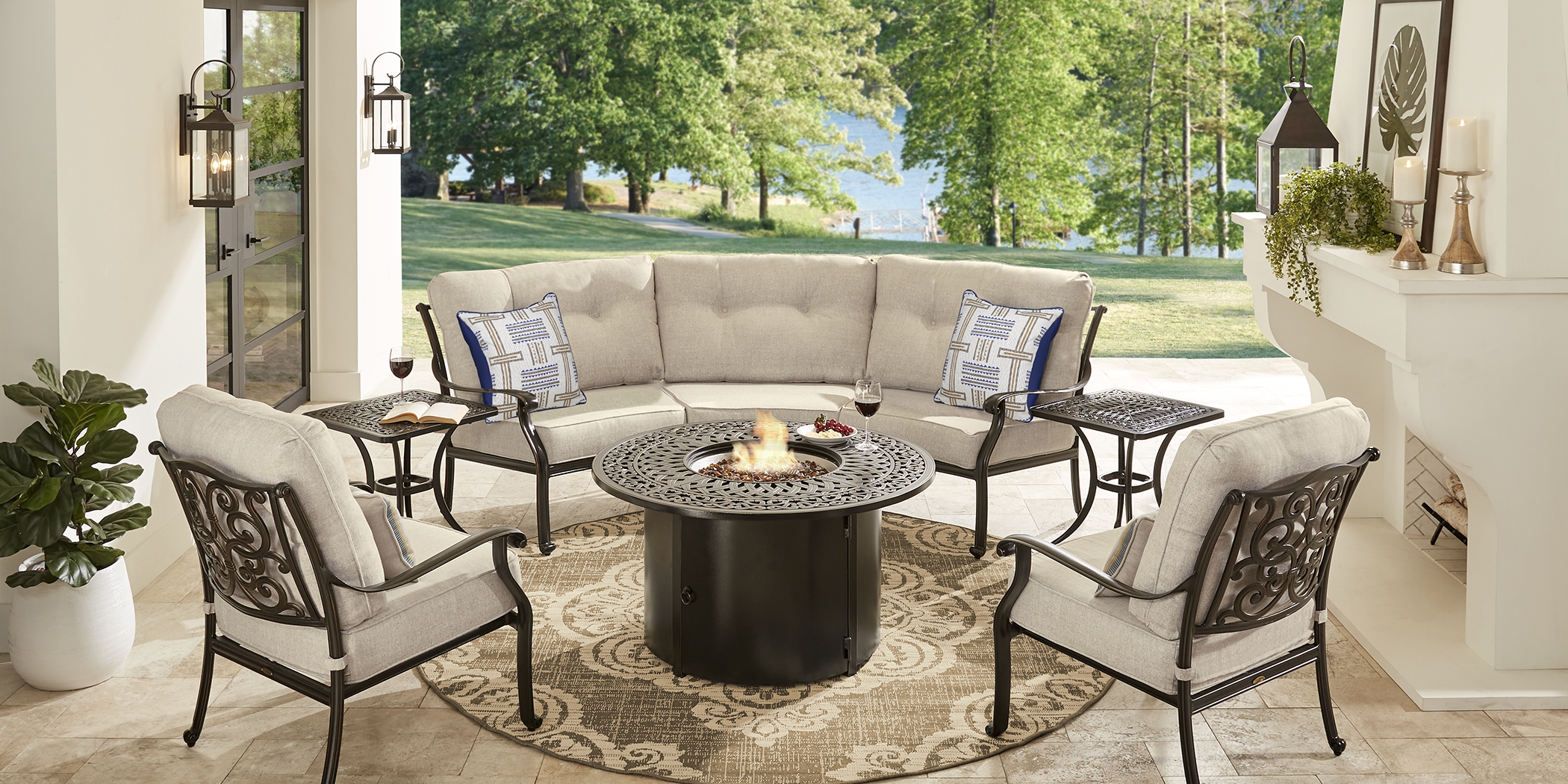 Cindy Crawford Home Lake Como Antique Bronze 4 Pc Sectional Fire Pit Set with Mushroom Cushions - Thumbnail - Image 1