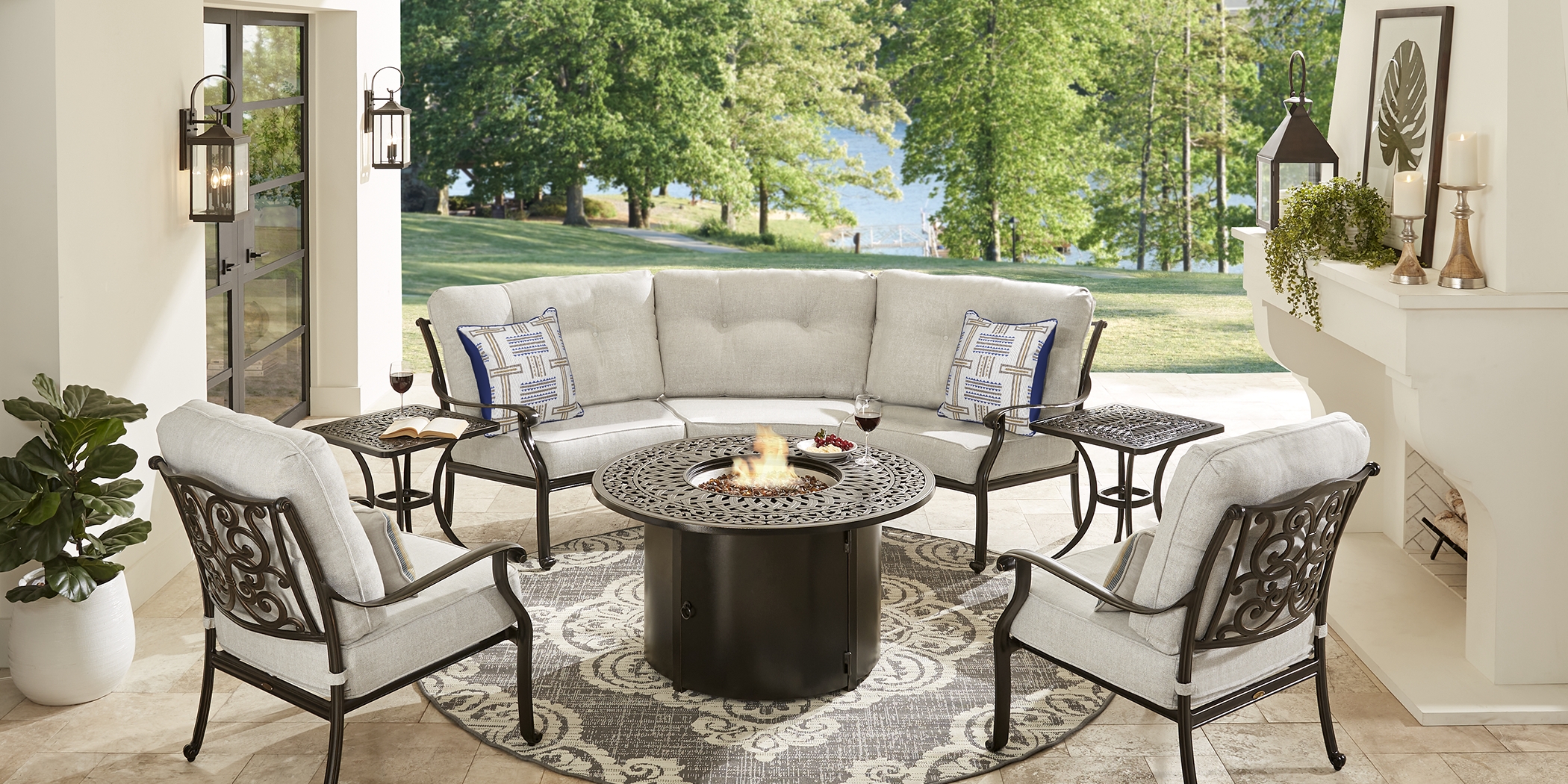 Cindy Crawford Home Lake Como Antique Bronze 4 Pc Sectional Outdoor Fire Pit Set with Ash Cushions - Thumbnail - Image 1