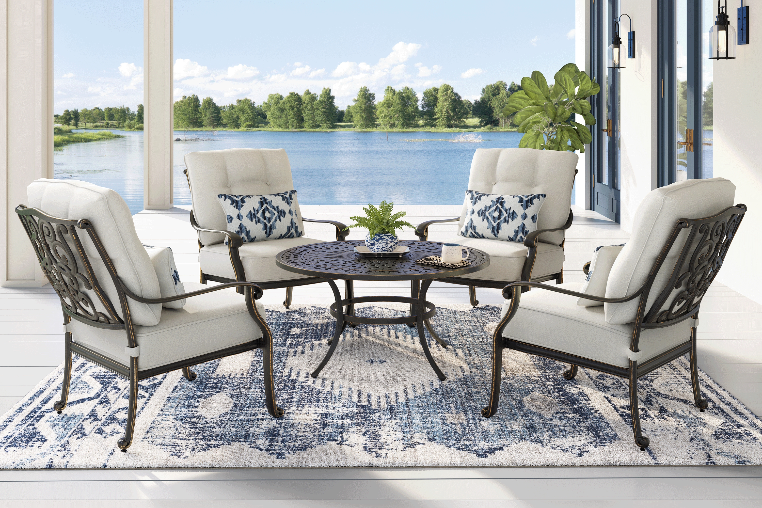 Lake Como Antique Bronze 5 Pc Outdoor Chat Set with Coconut Cushions - Thumbnail - Image 1