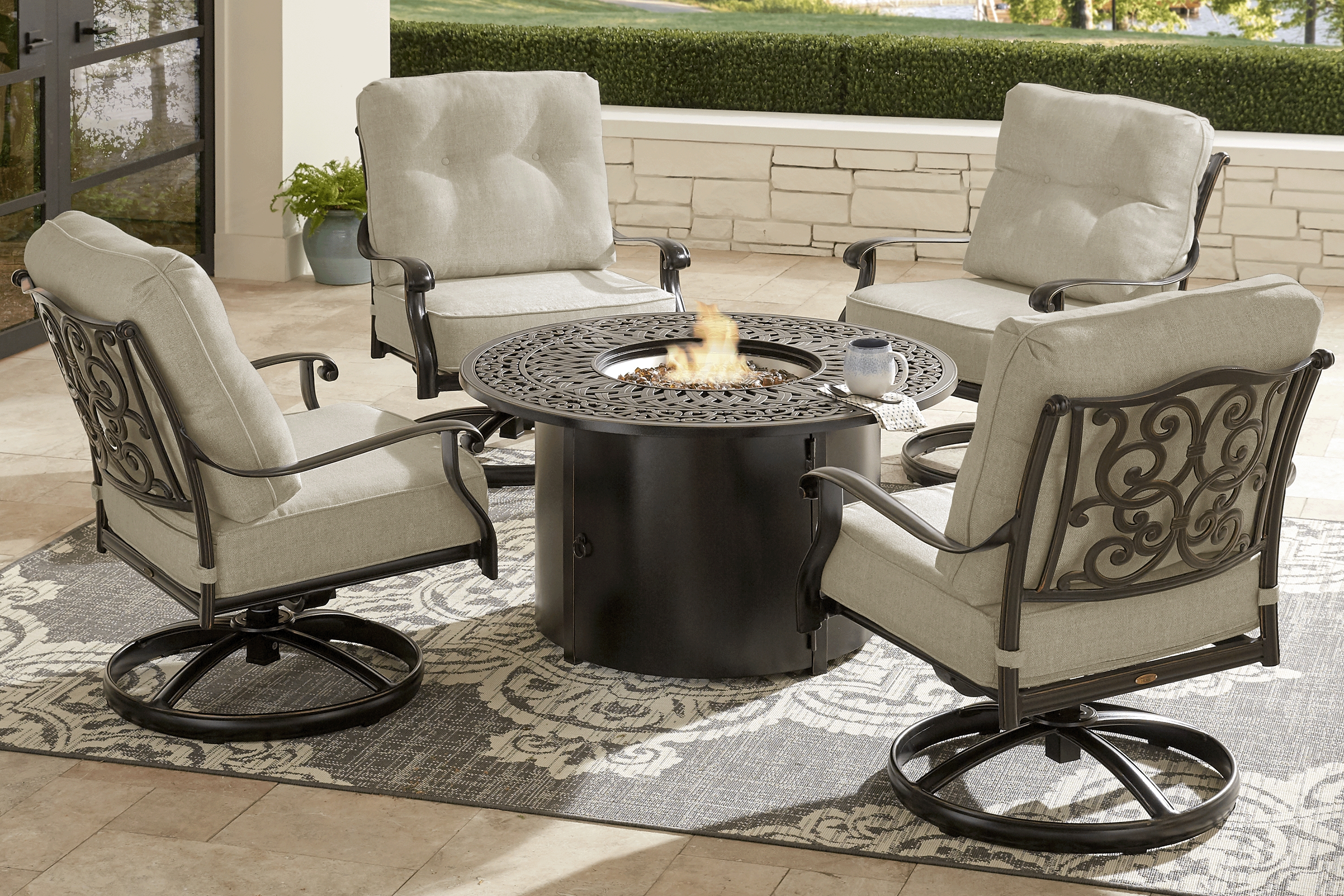 Lake Como Antique Bronze 5 Pc Outdoor Fire Pit Seating Set with Malt Cushions - Thumbnail - Image 1