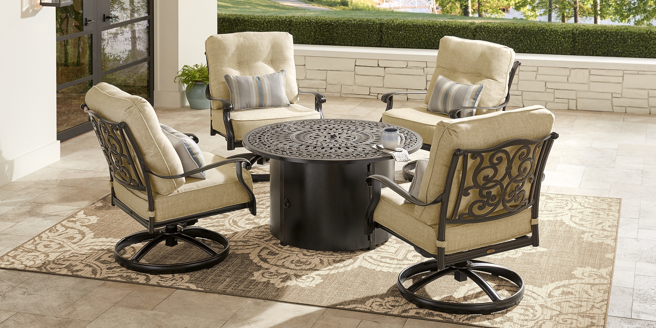 Cindy Crawford Home Lake Como Antique Bronze 5 Pc Outdoor Fire Pit Set with Gold Cushions - Thumbnail - Image 2