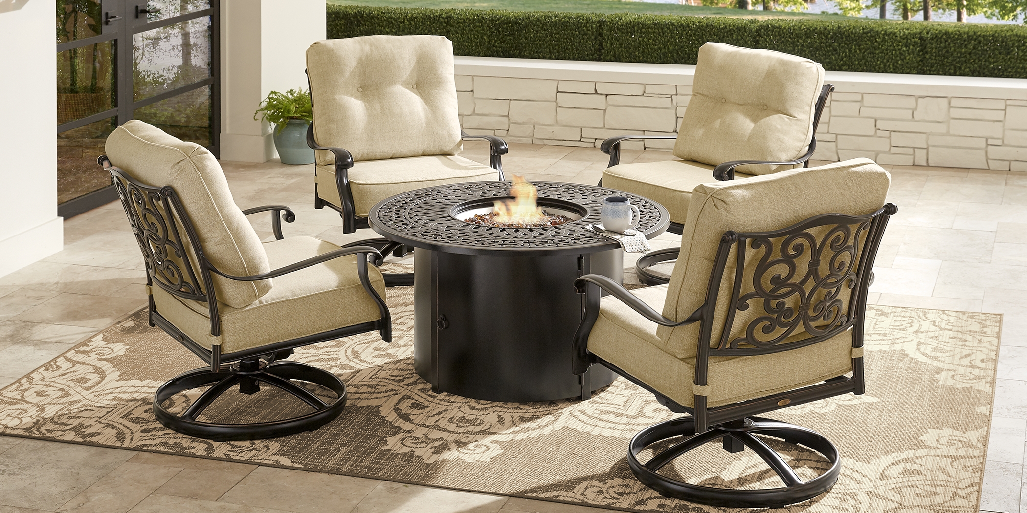 Cindy Crawford Home Lake Como Antique Bronze 5 Pc Outdoor Fire Pit Set with Gold Cushions - Thumbnail - Image 1