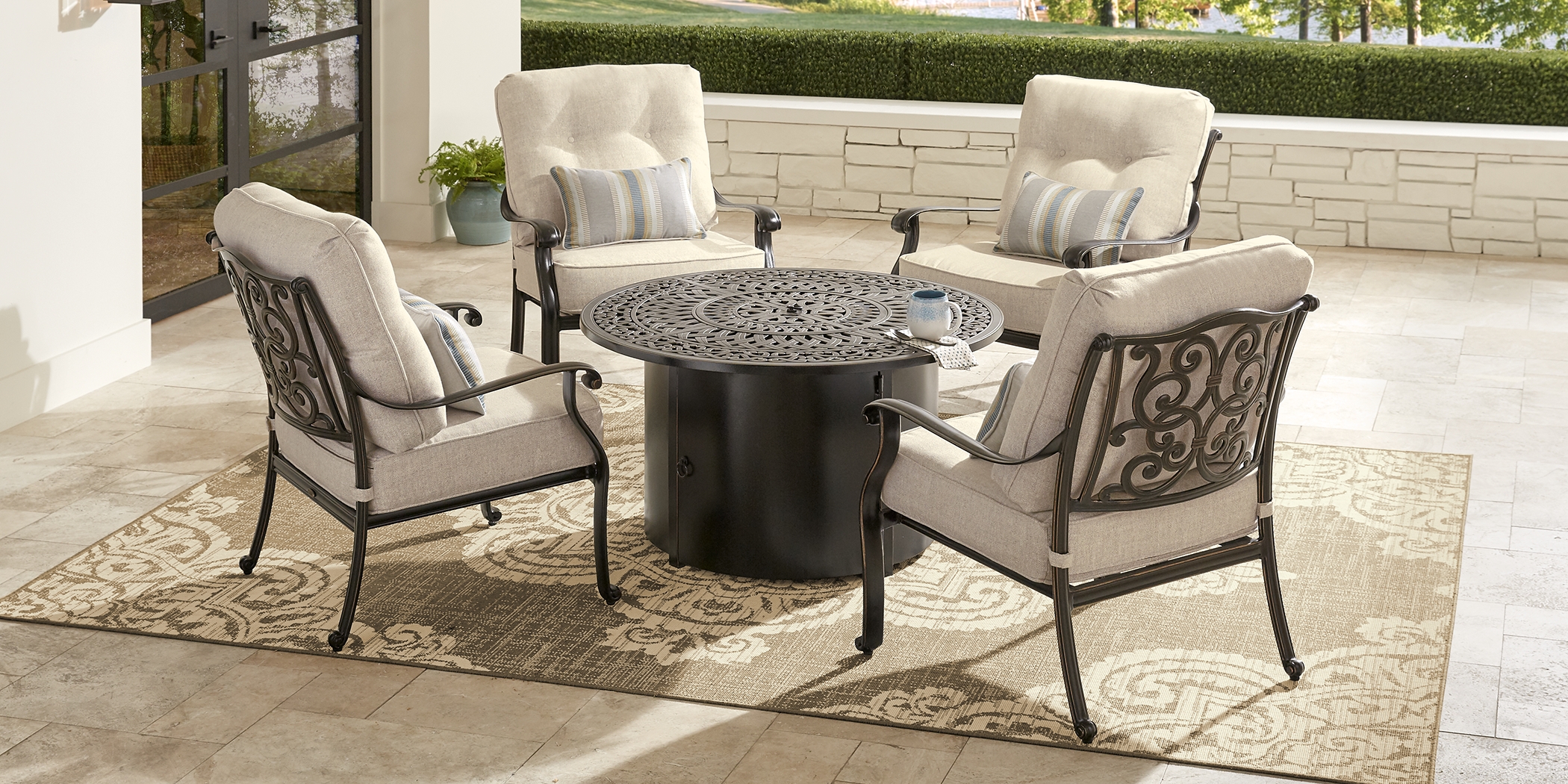 Lake Como Antique Bronze 5 Pc Outdoor Fire Pit Seating Set with Malt Cushions - Thumbnail - Image 2