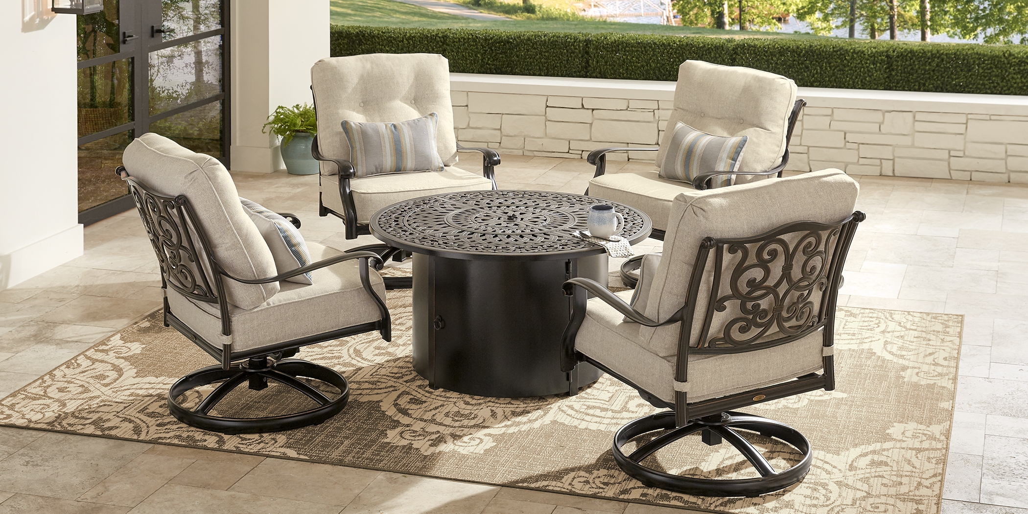 Lake Como Antique Bronze 5 Pc Outdoor Fire Pit Seating Set with Malt Cushions - Thumbnail - Image 2
