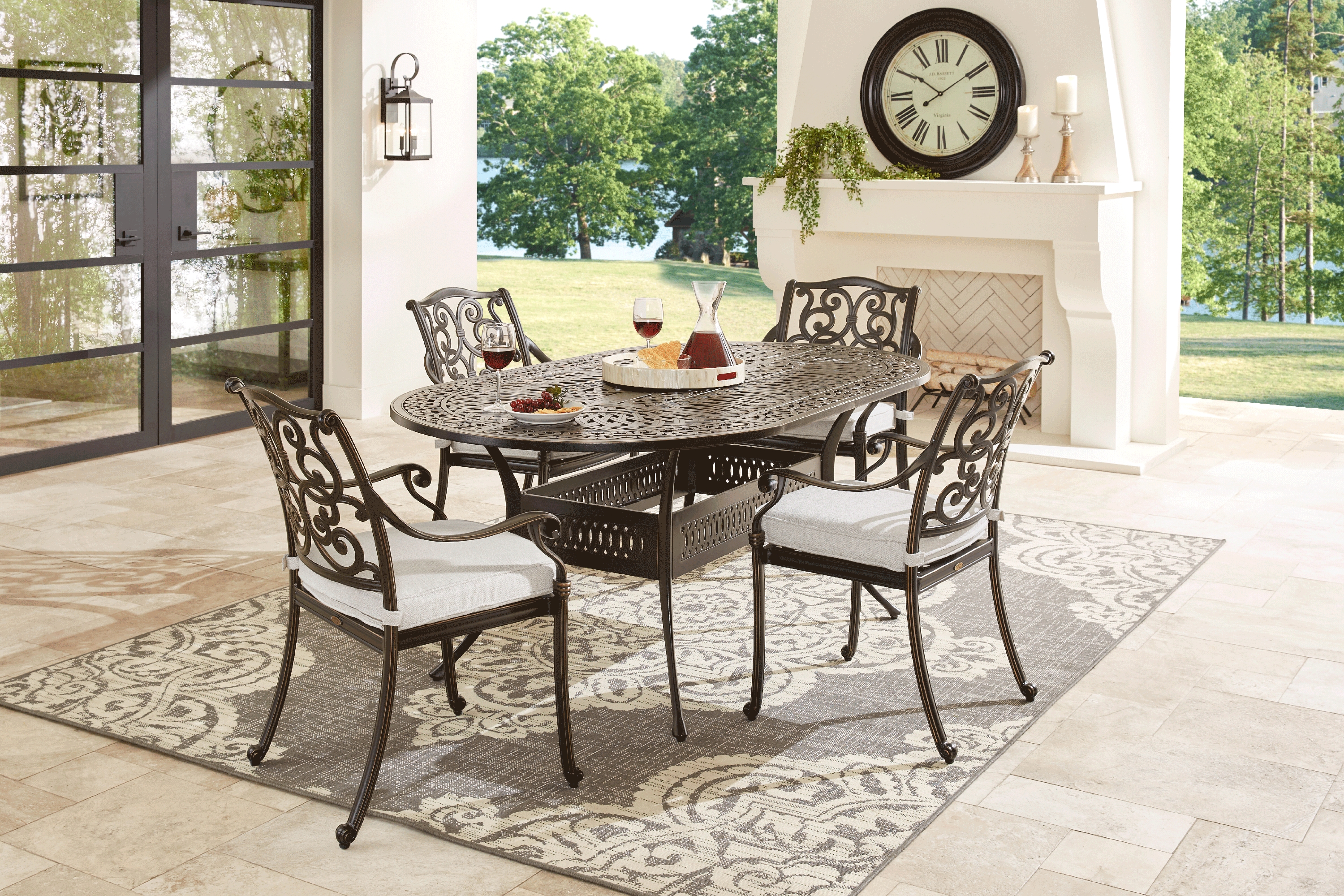 Lake Como Antique Bronze 5 Pc Oval Outdoor Dining Set with Silk-Colored Cushions - Thumbnail - Image 1