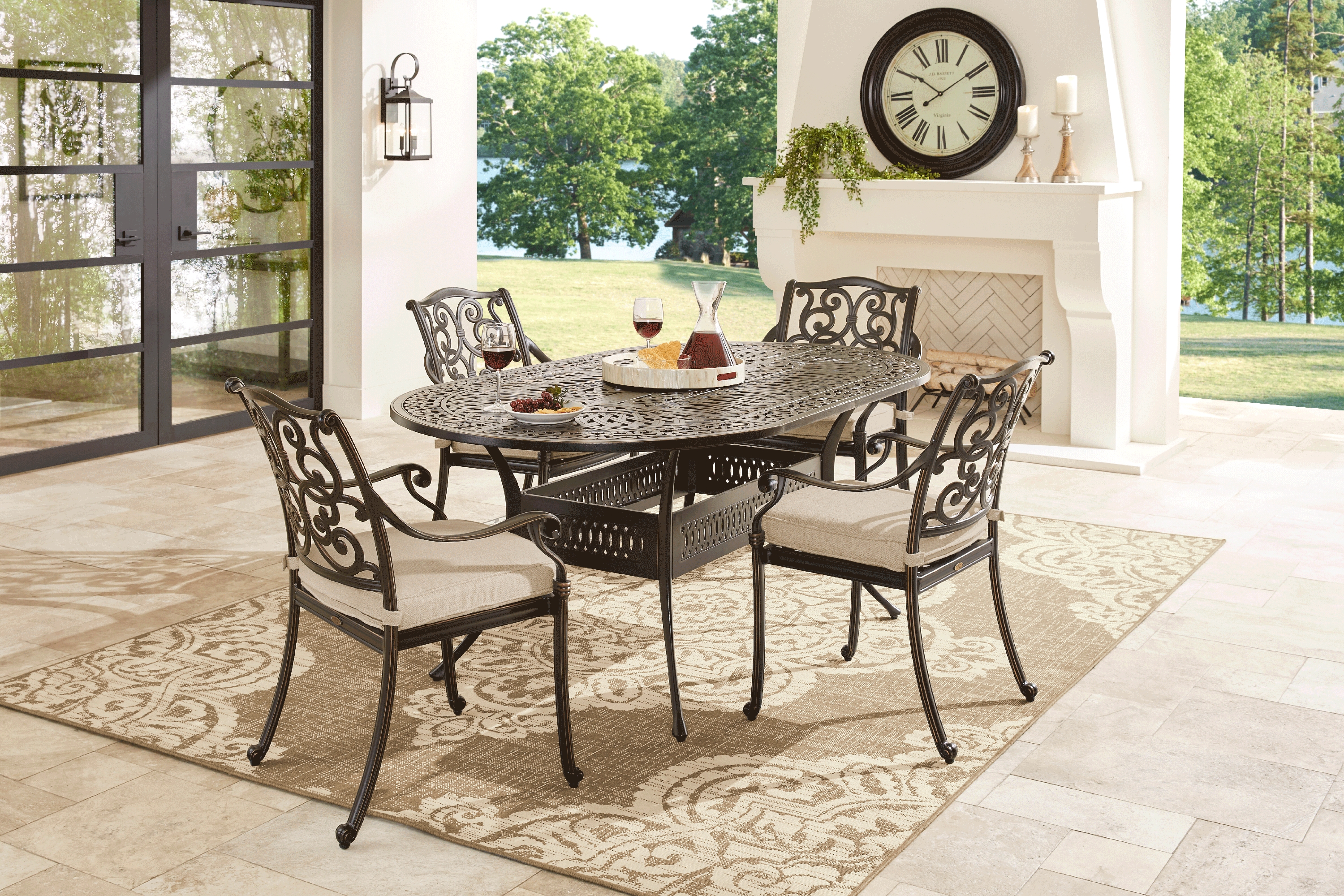 Lake Como Antique Bronze 5 Pc Oval Outdoor Dining Set with Malt Cushions - Thumbnail - Image 1