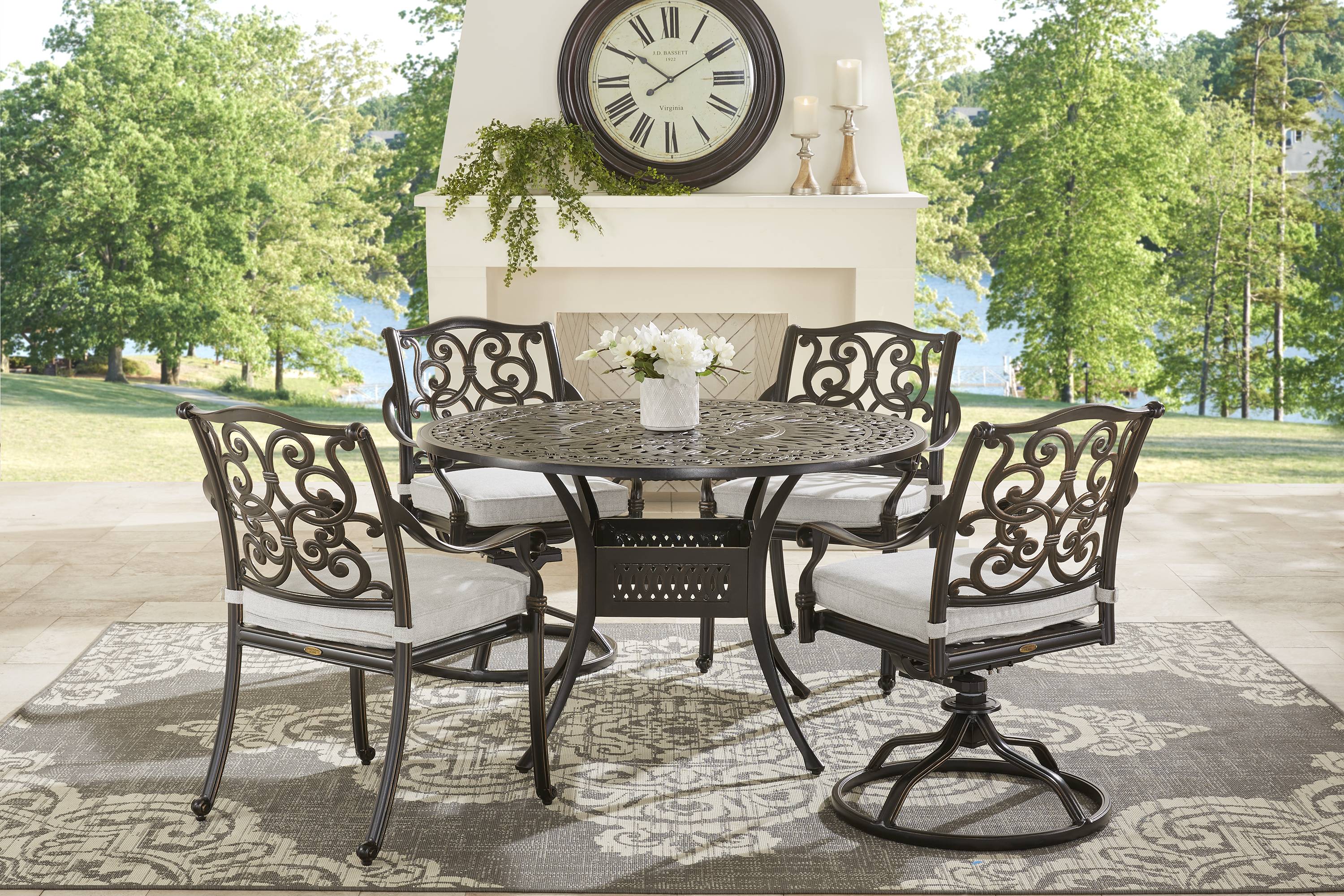 Lake Como Antique Bronze 5 Pc Round Outdoor Dining Set with Silk-Color Cushions - Thumbnail - Image 1