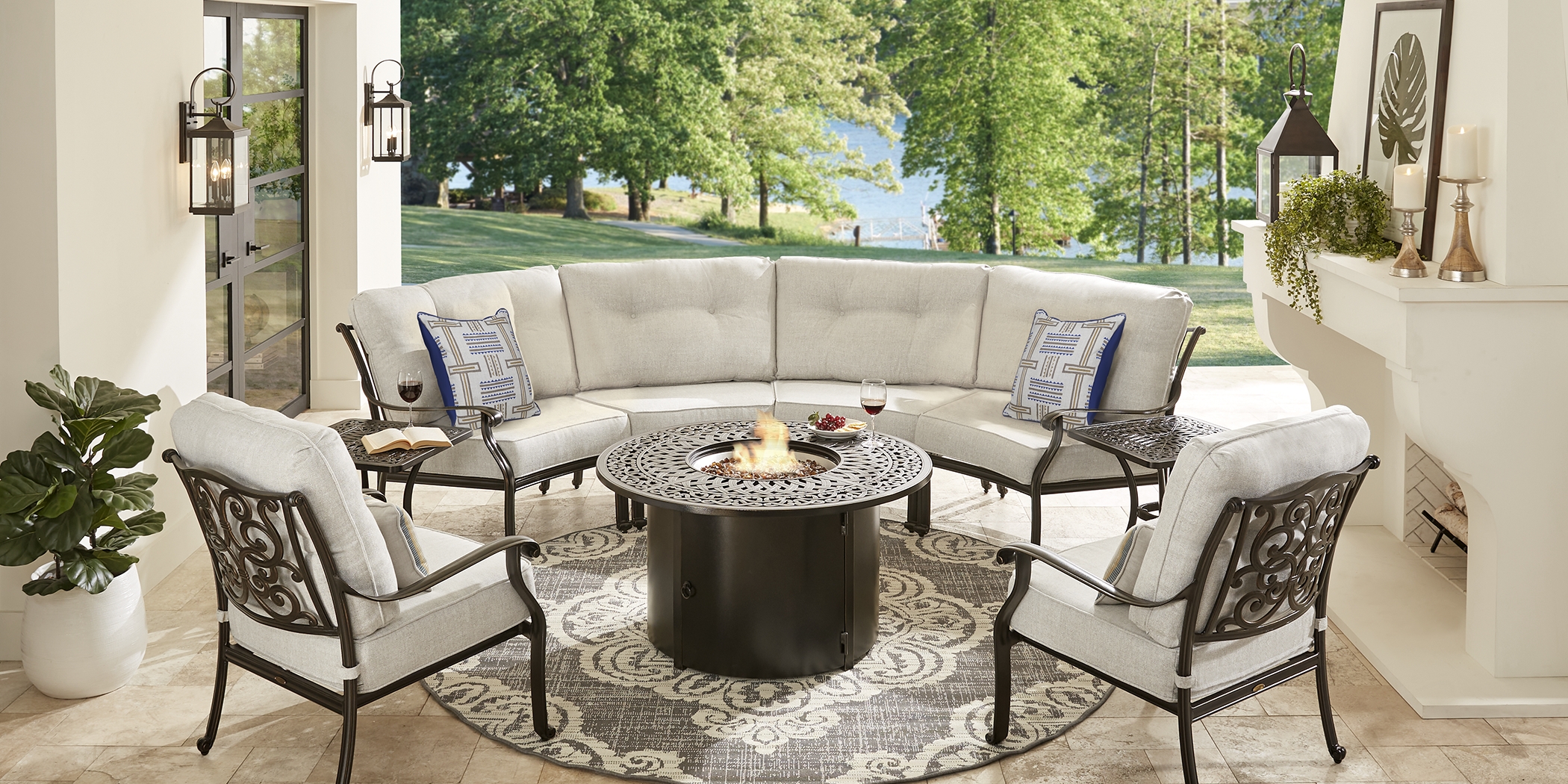 Cindy Crawford Home Lake Como Antique Bronze 5 Pc Sectional Outdoor Fire Pit Set with Ash Cushions - Thumbnail - Image 1