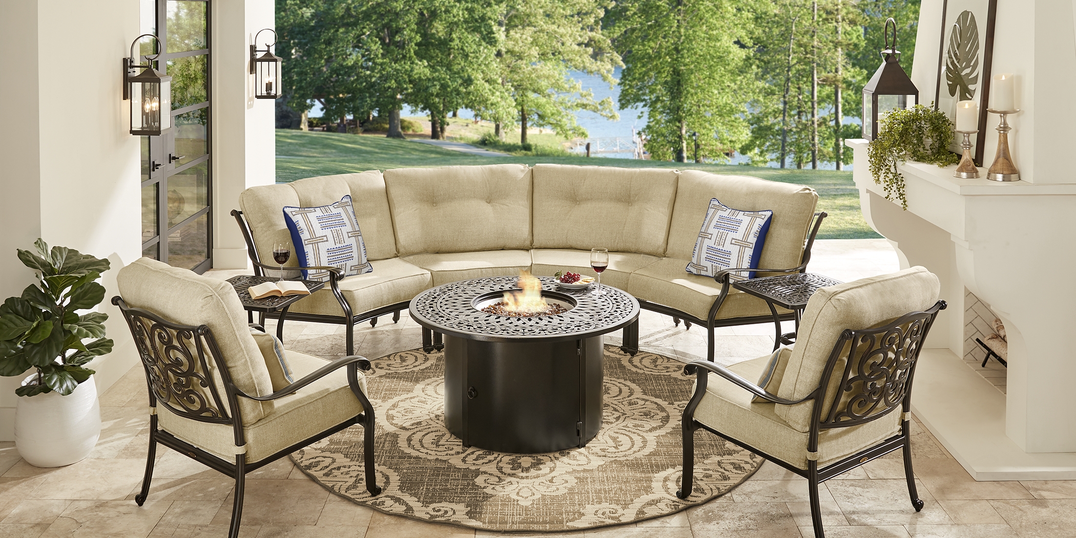 Cindy Crawford Home Lake Como Antique Bronze 5 Pc Sectional Outdoor Fire Pit Set with Gold Cushions - Thumbnail - Image 1