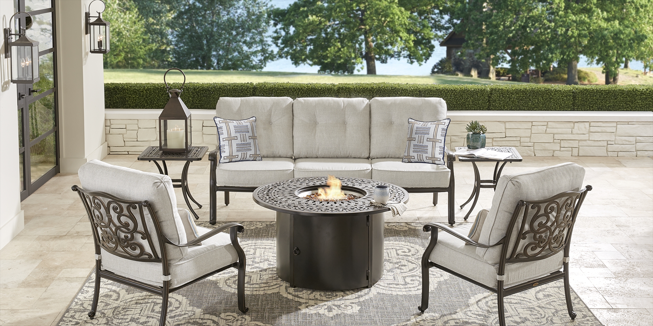 Cindy Crawford Home Lake Como Antique Bronze 6 Pc Outdoor Fire Pit Set with Ash Cushions - Thumbnail - Image 1