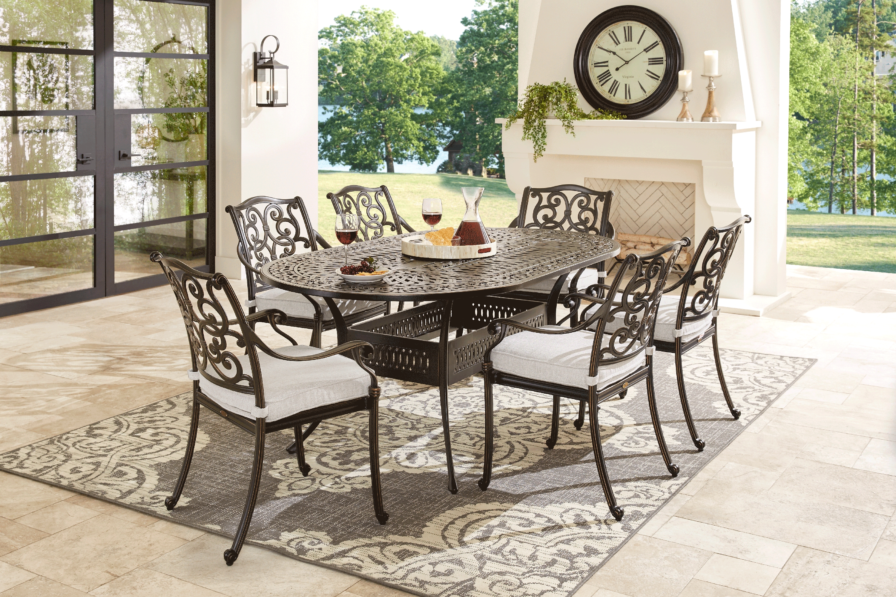 Lake Como Antique Bronze 7 Pc Oval Outdoor Dining Set with Silk-Colored Cushions - Thumbnail - Image 1
