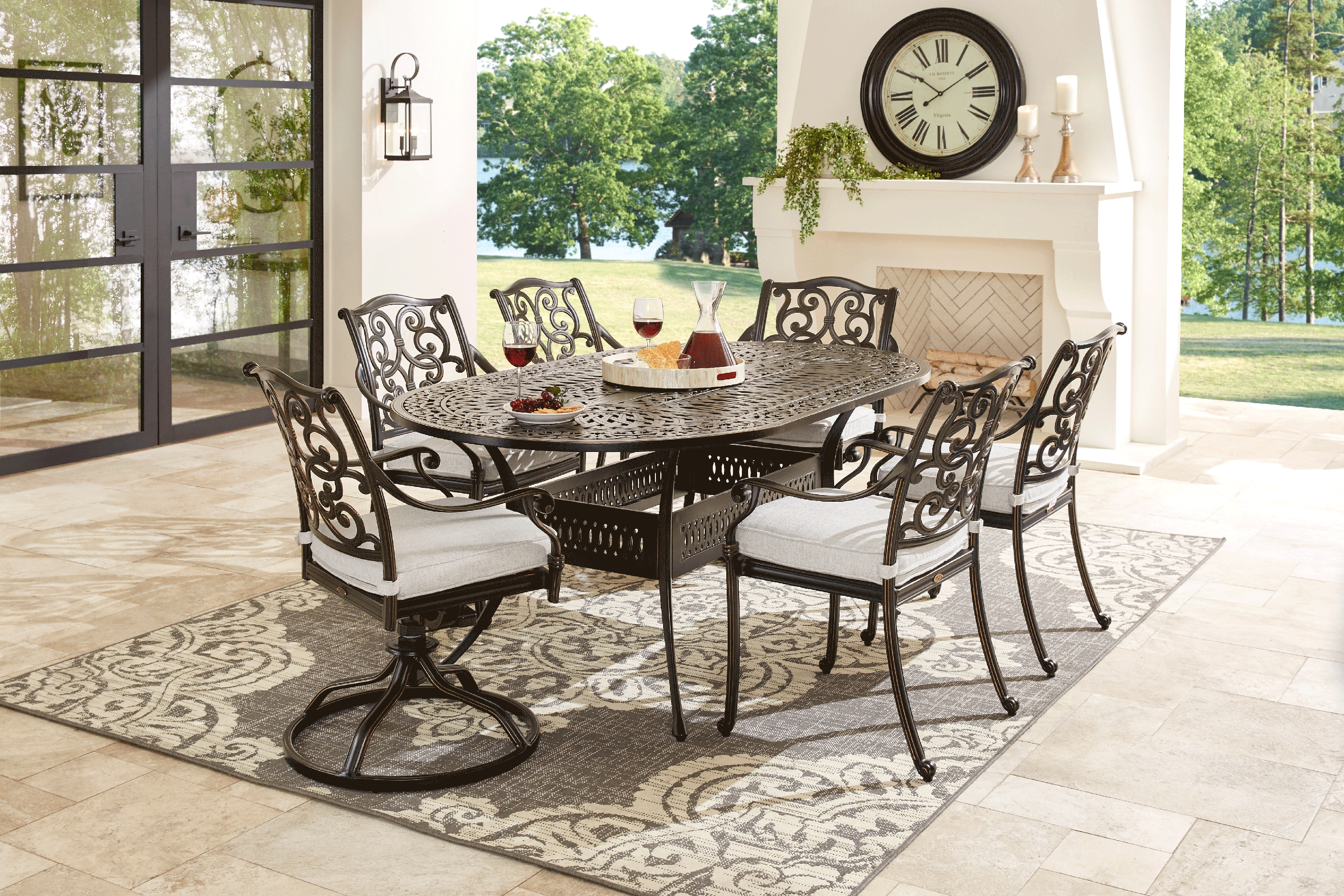 Lake Como Antique Bronze 7 Pc Oval Outdoor Dining Set with Silk-Colored Cushions - Thumbnail - Image 1