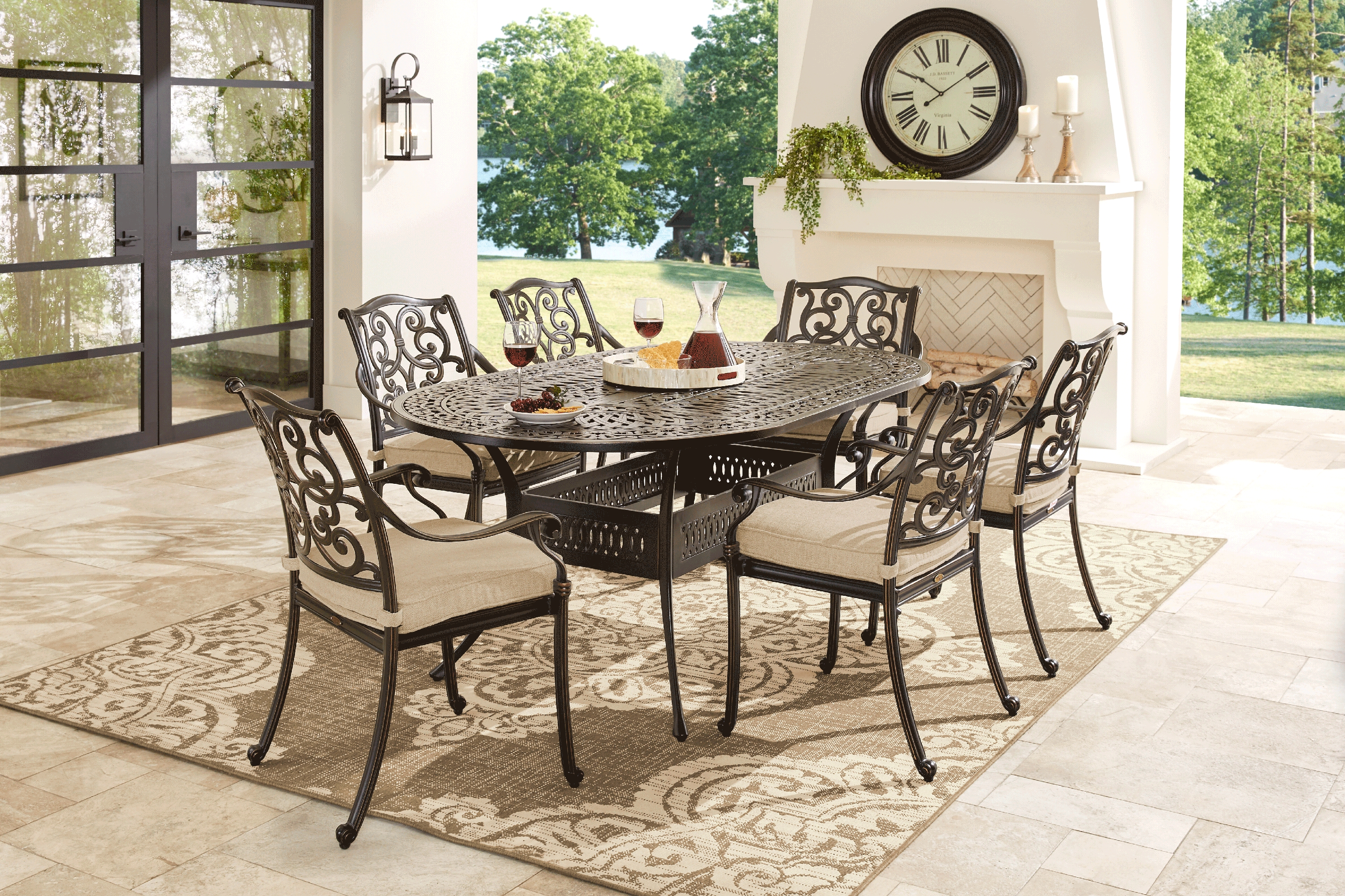 Lake Como Antique Bronze 7 Pc Oval Outdoor Dining Set with Malt Cushions - Thumbnail - Image 1