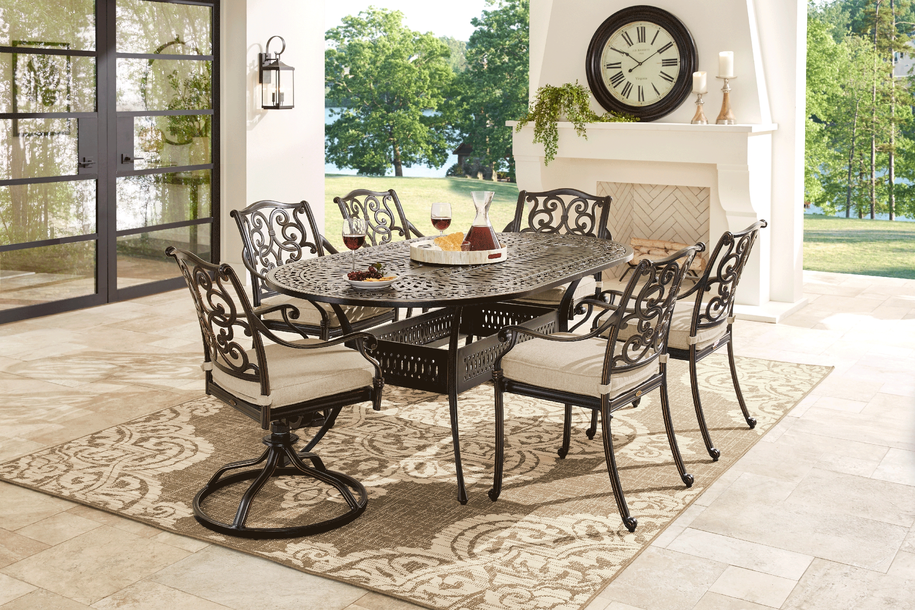 Lake Como Antique Bronze 7 Pc Oval Outdoor Dining Set with Malt Cushions - Thumbnail - Image 1