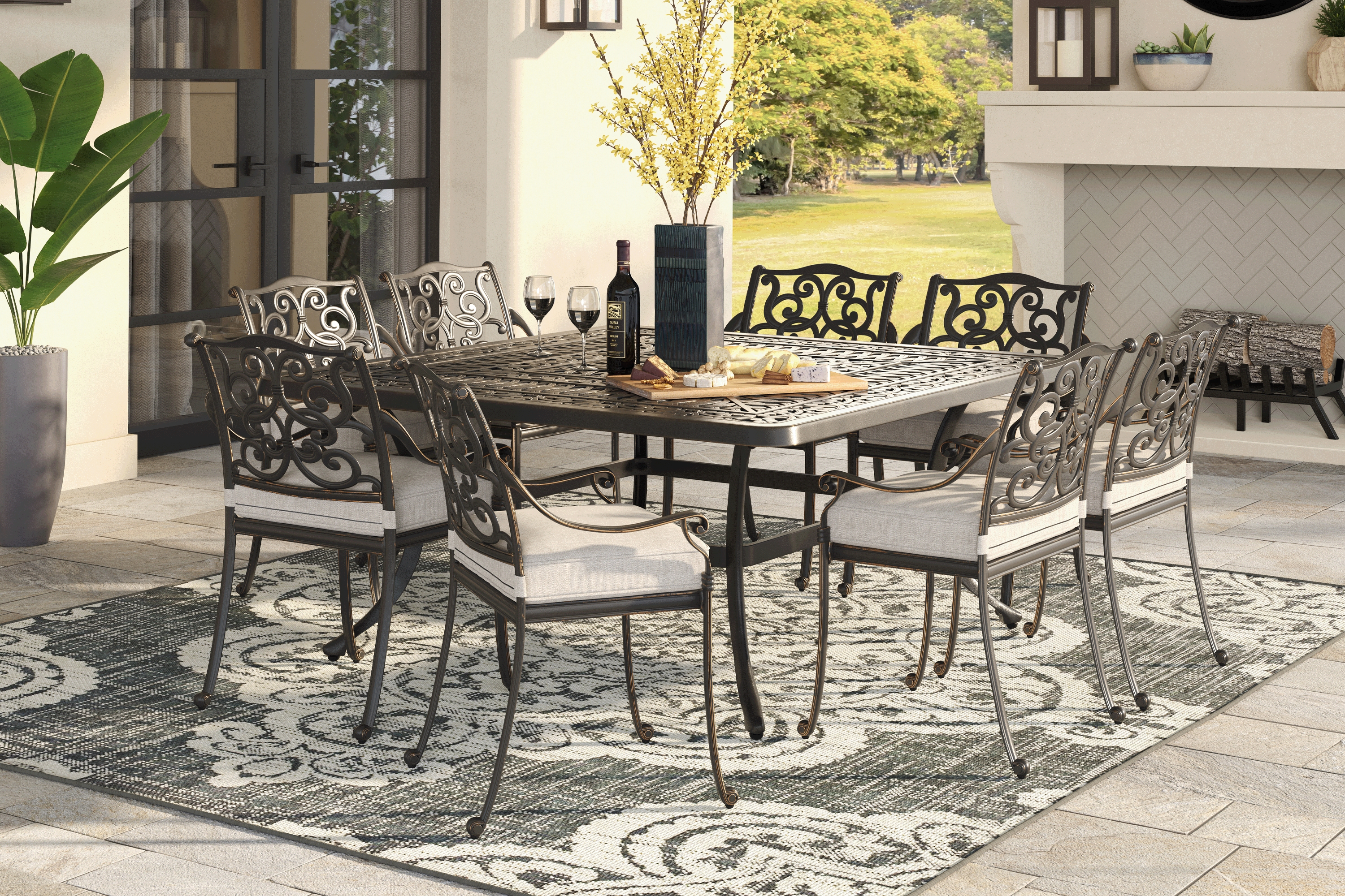 Lake Como Antique Bronze 9 Pc Square Outdoor Dining Set with Silk-Color Cushions - Thumbnail - Image 1