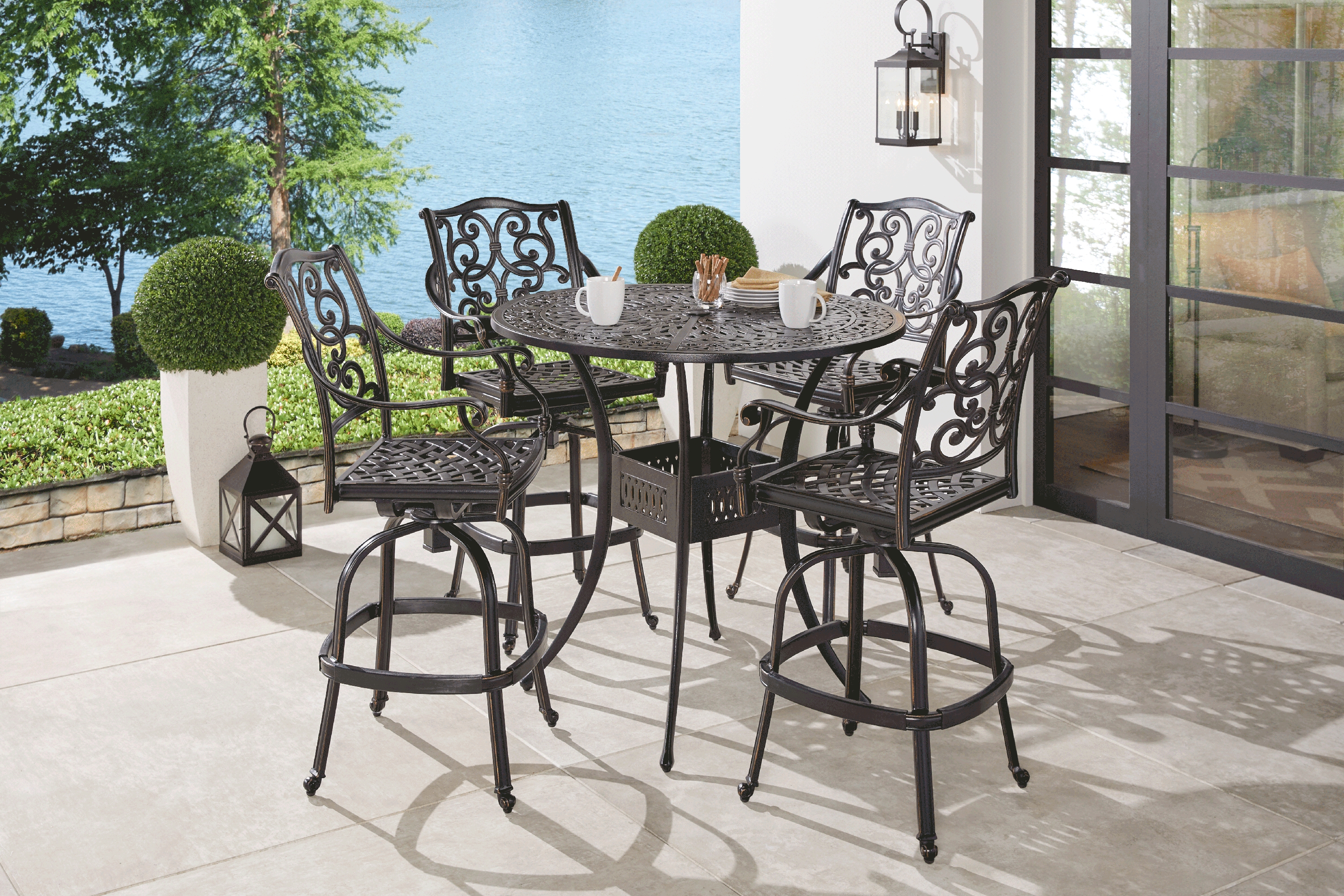 Lake Como Antique Bronze 5 Pc Round Outdoor Bar Height Dining Set - Thumbnail - Image 1