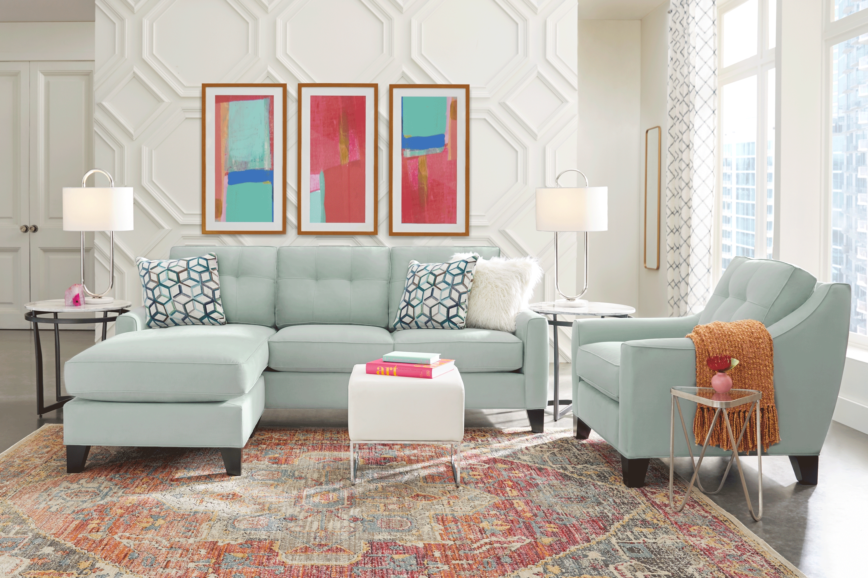 Cindy Crawford Home Madison Place Aqua Microfiber Chaise Sofa - Thumbnail - Image 2