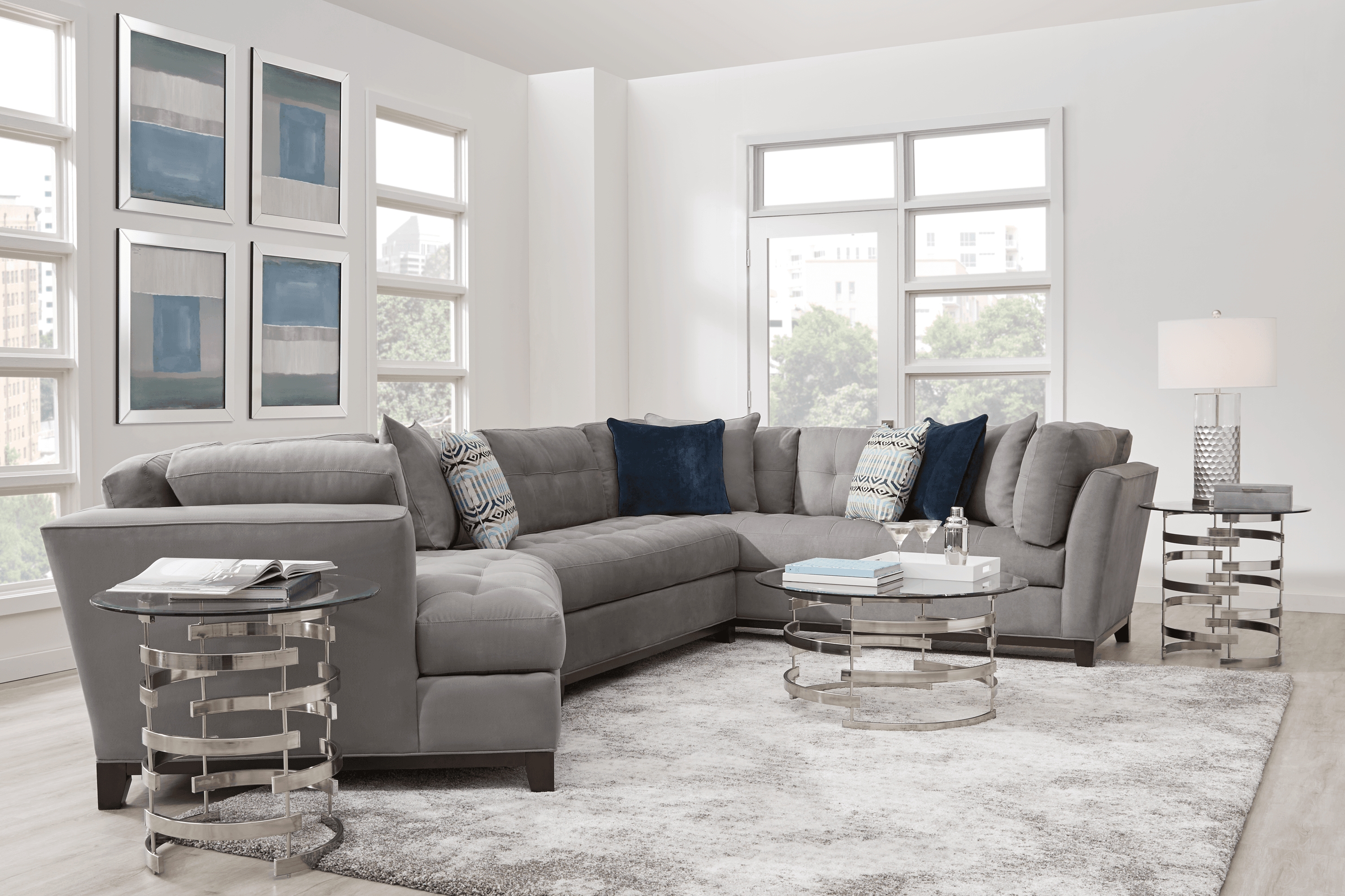 Cindy Crawford Home Metropolis Way Gray Textured 3 Pc Sectional with Cuddler - Thumbnail - Image 2